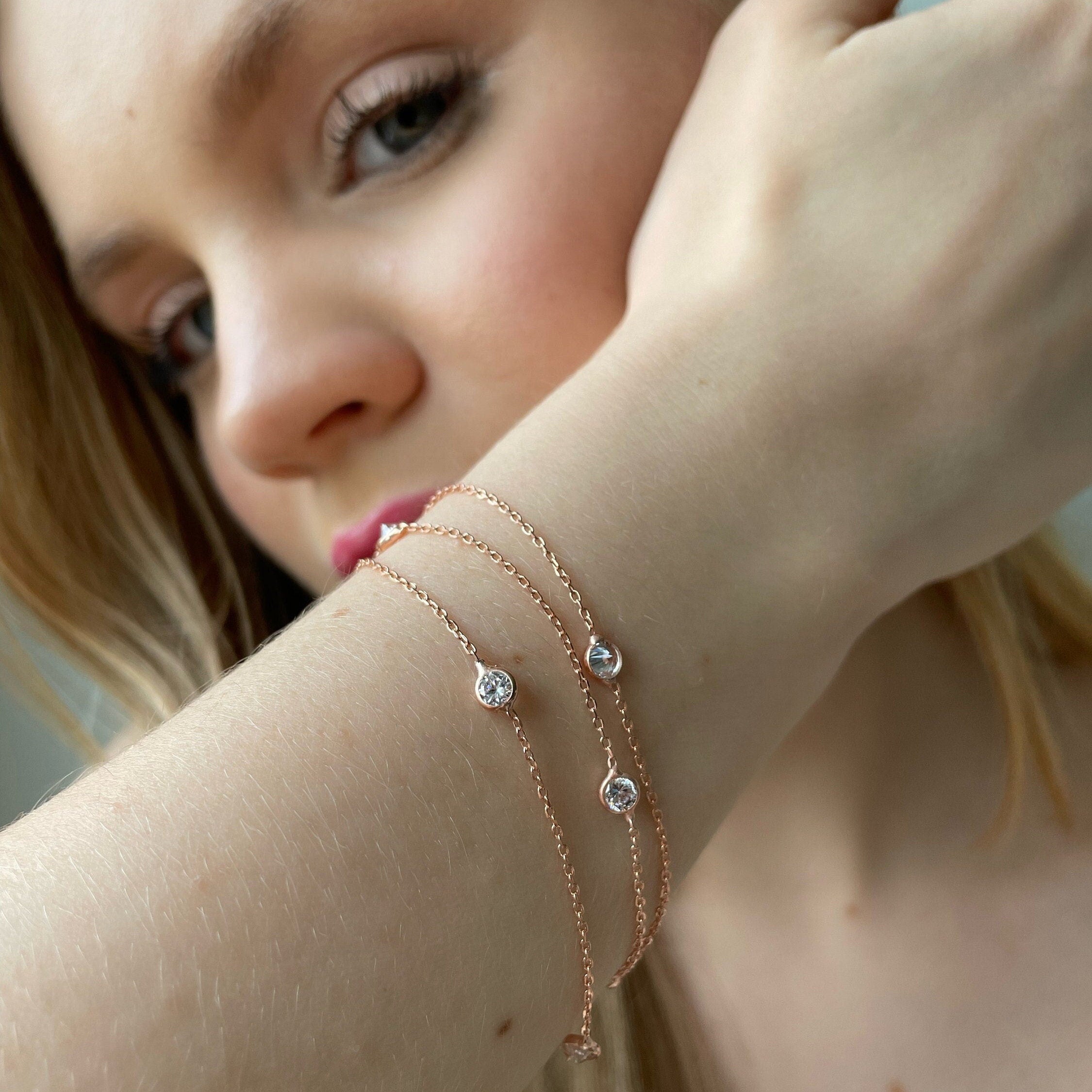 Zircon Beaded Triple Chain Bracelet - Rose Gold Plated Adjustable Bracelet - Everyday Style Dainty Jewelry - Minimalist Silver Bracelet
