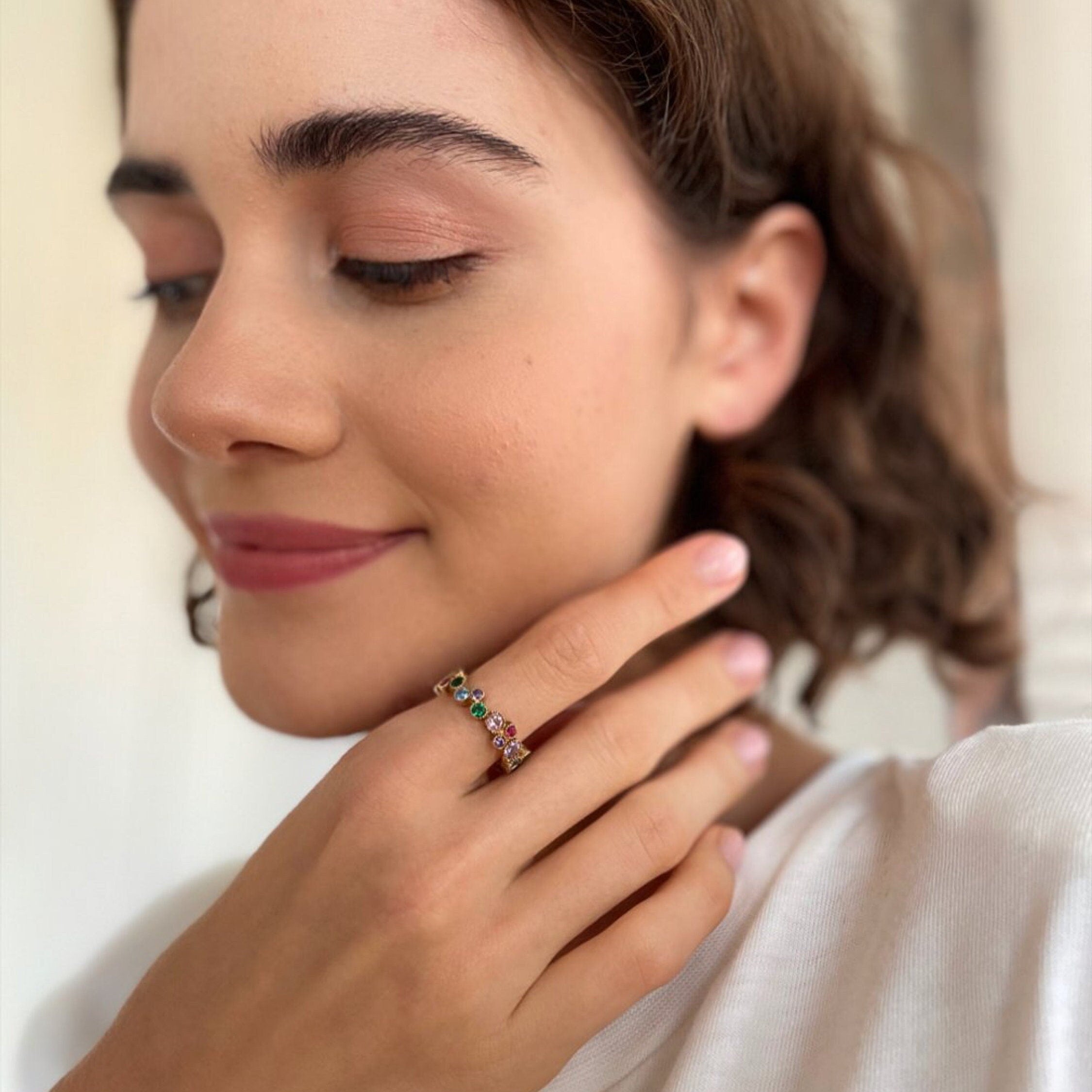 Fancy Rainbow Jewelry Set - Multicolor Zirconia Necklace And Eternity Ring Set - Gold Plated Colorful Cz Jewelry -