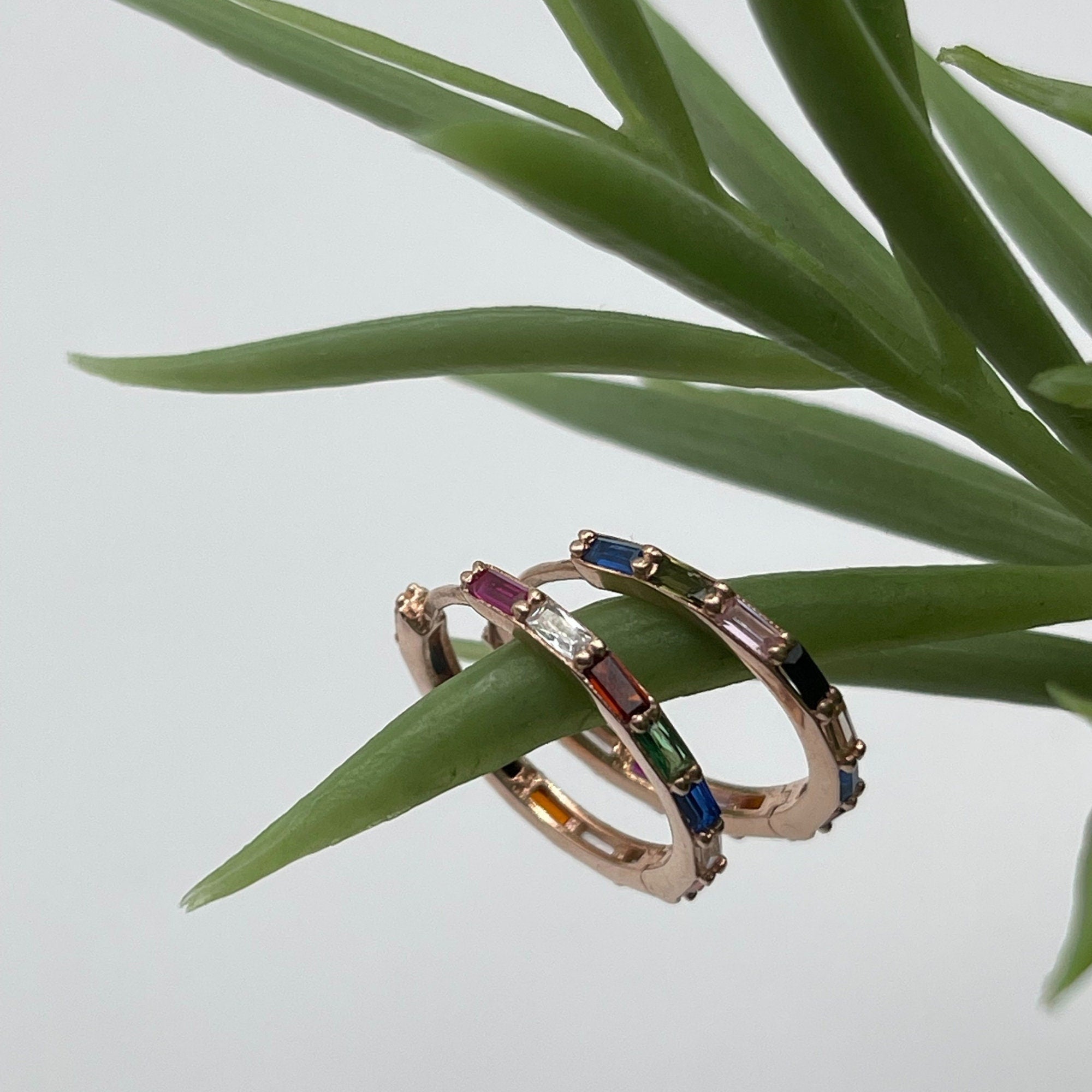 Rainbow Zircon Huggie Earrings - Rose Gold Hoops - Multi Coloured Gemstones In Sterling Silver Round Earrings