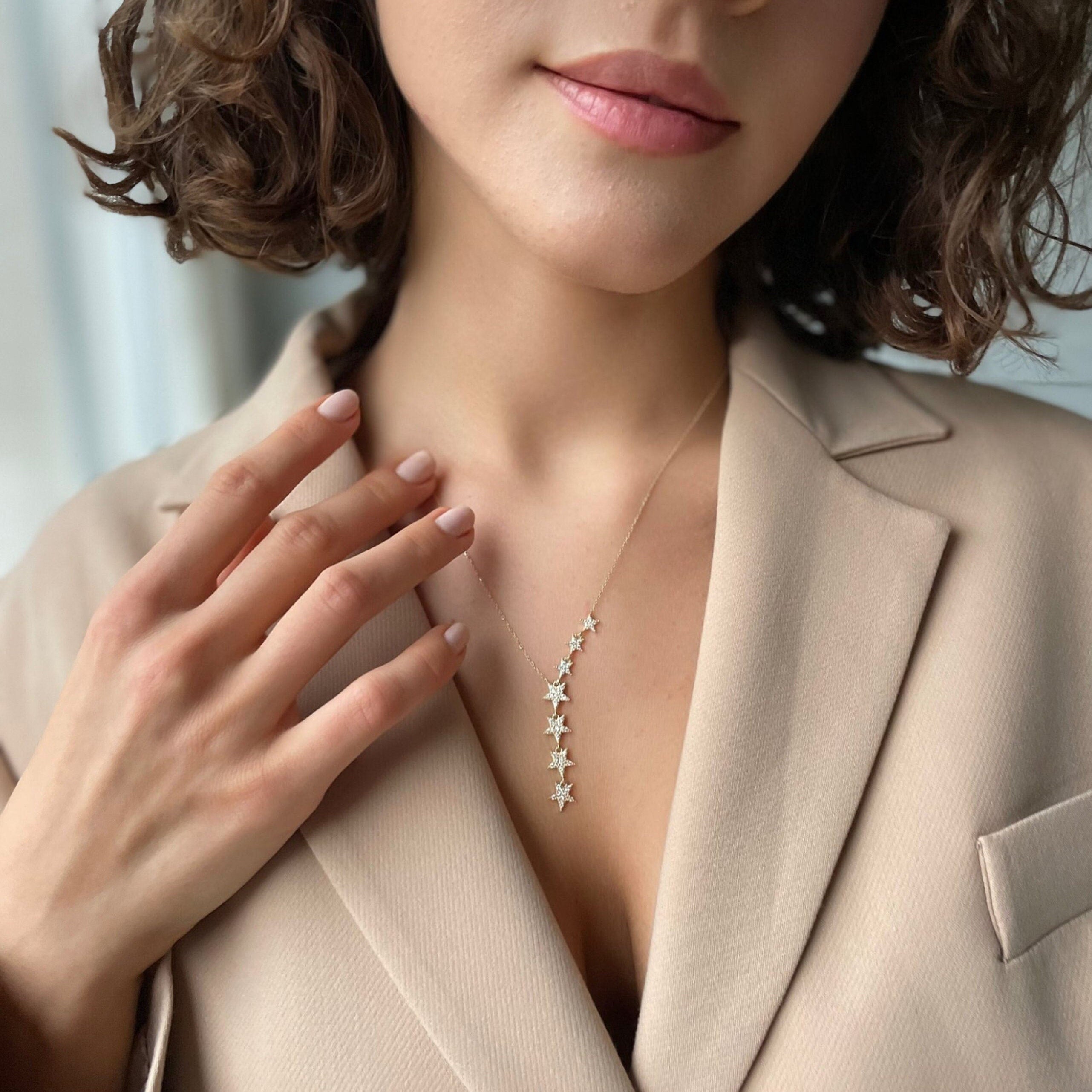 Gold Color Star Lariat Necklace - Asymmetric Y Shape Drop Star Pendant - Silver / Gold / Rose Gold Chain Options -