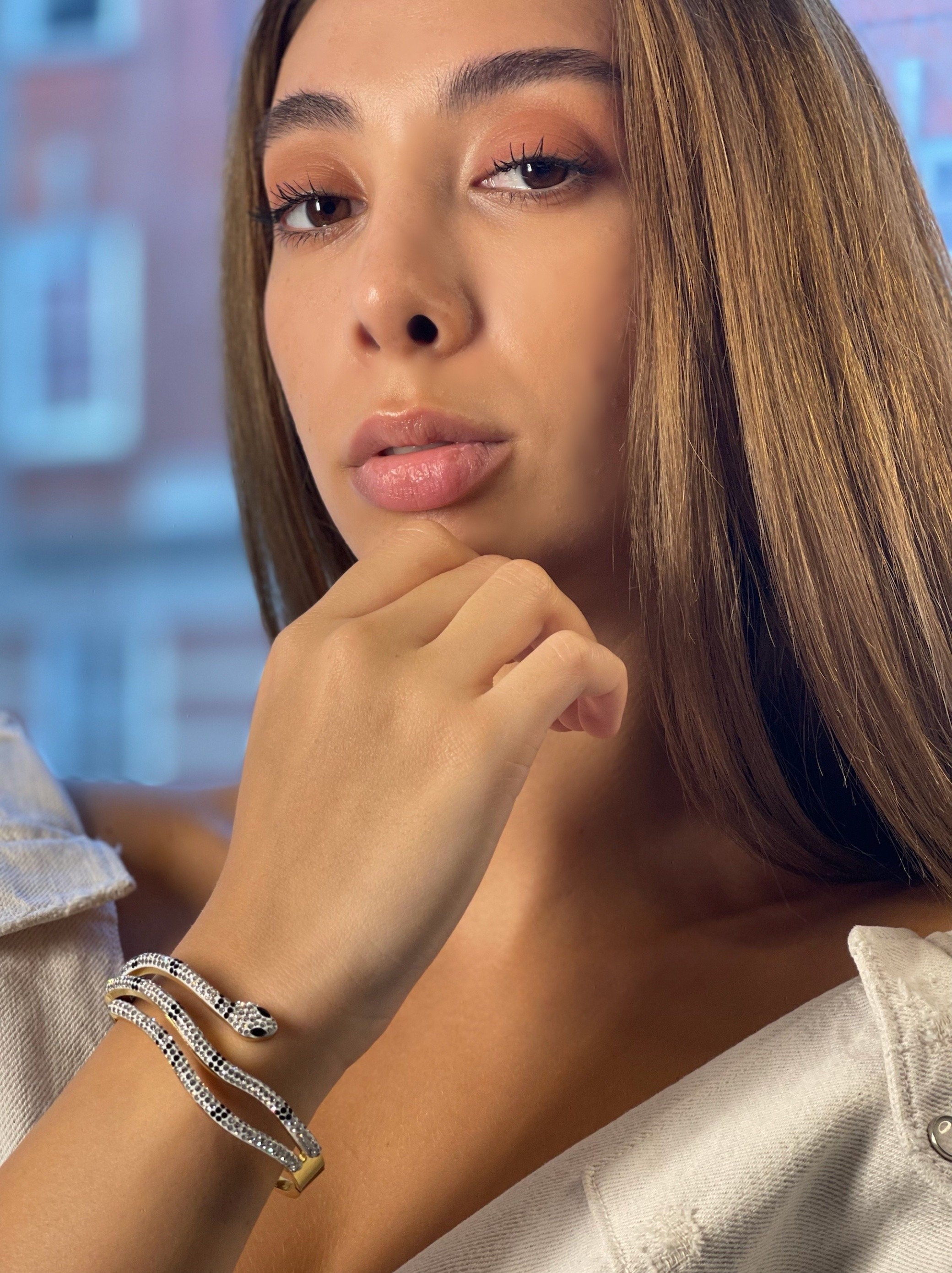 Chunky Snake Bracelet, Gold Plated Snake Bangle, Snake Jewelry, White & Black Zircon Stone Bracelet, Serpent Snake Bracelet, Snake Bracelet