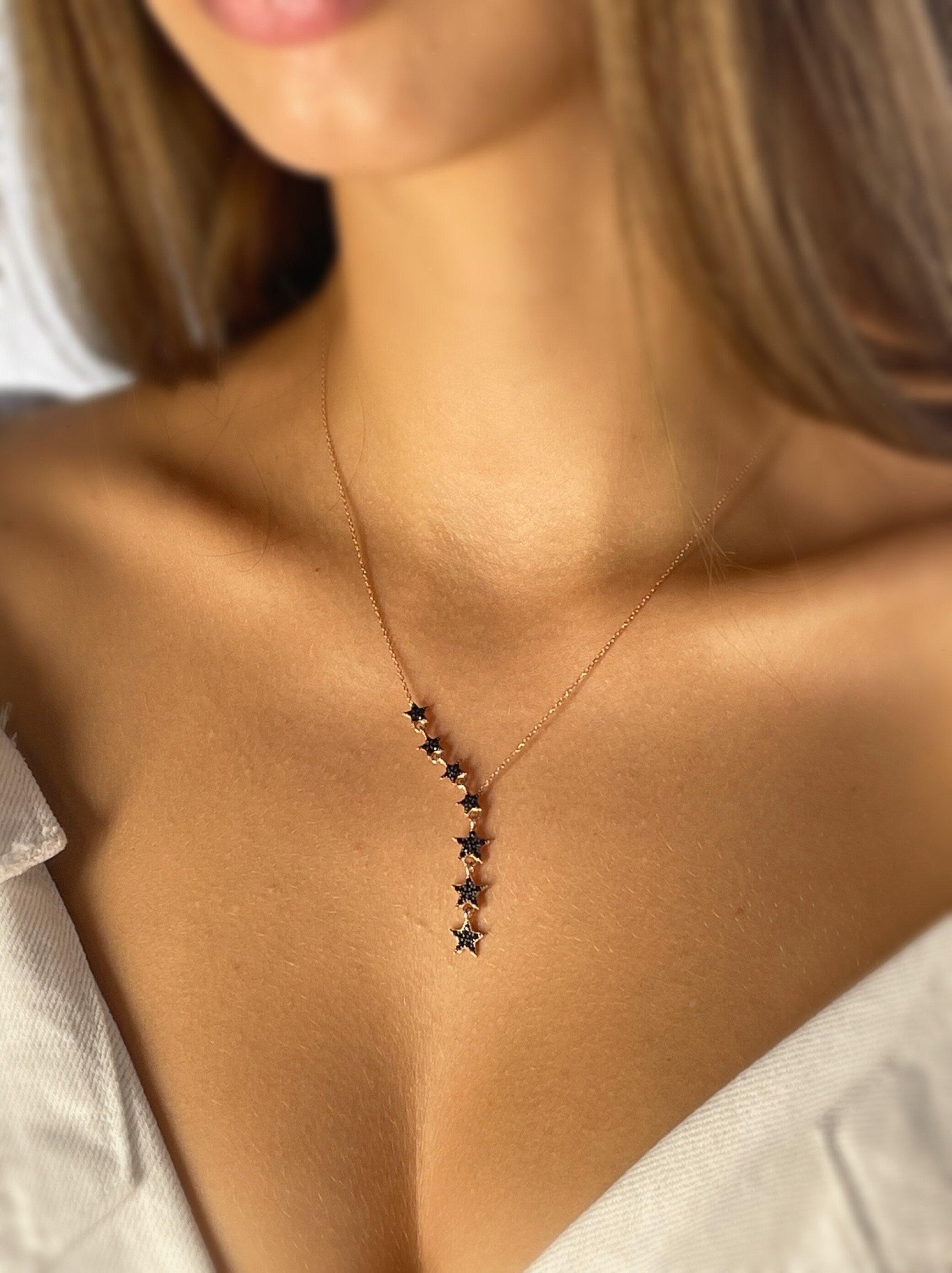 Sterling Silver Dainty Star Lariat Necklace - Asymmetric Y Shape Drop Star Pendant - Zircon Gemstones - Pave Necklace -