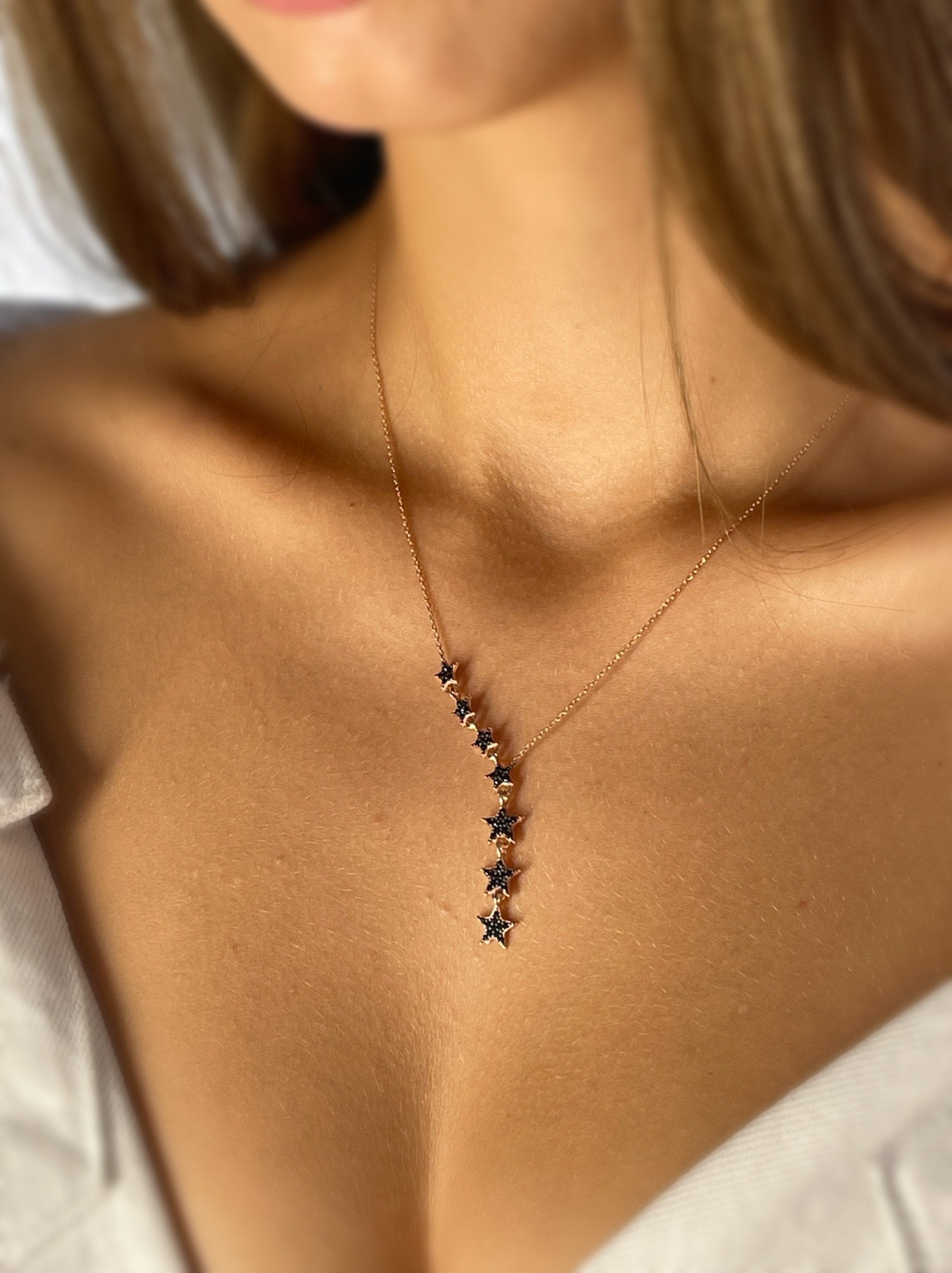 Star Lariat Necklace - Asymmetric Y Shape Drop Star Pendant - Zircon Gemstones - Silver / Gold / Rose Gold Options