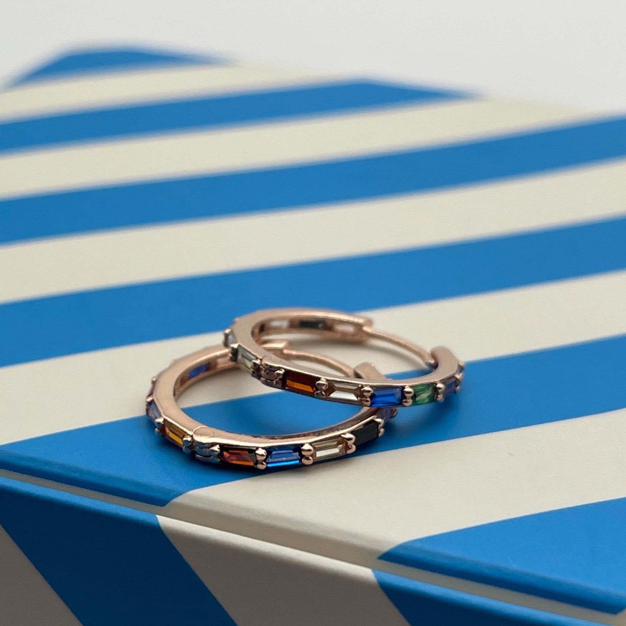 Rainbow Zircon Huggie Earrings - Rose Gold Hoops - Multi Coloured Gemstones In Sterling Silver Round Earrings