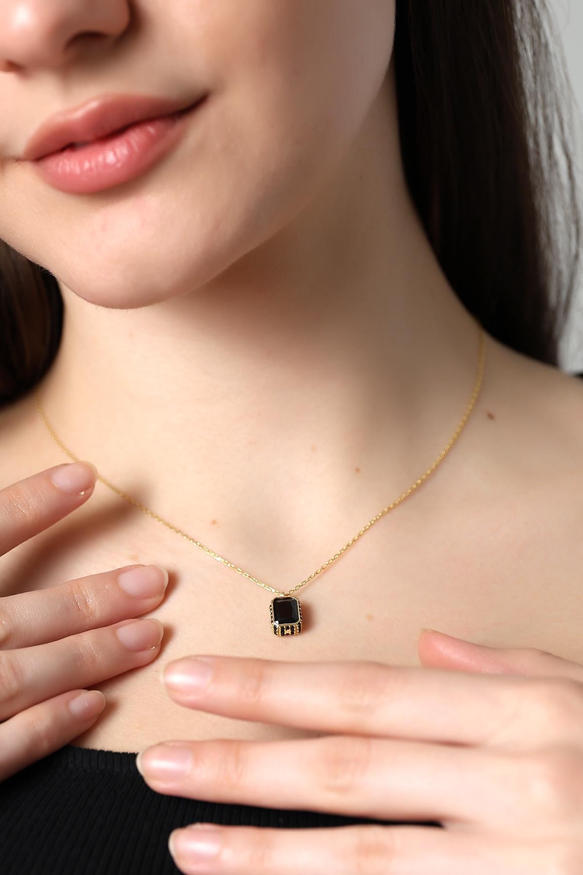 Baguette Cut Emerald Necklace , Gold Framed Gothic Black Gem Pendant , Handmade Timeless Jewelry , Emerald Cut Solitaire Silver Necklace