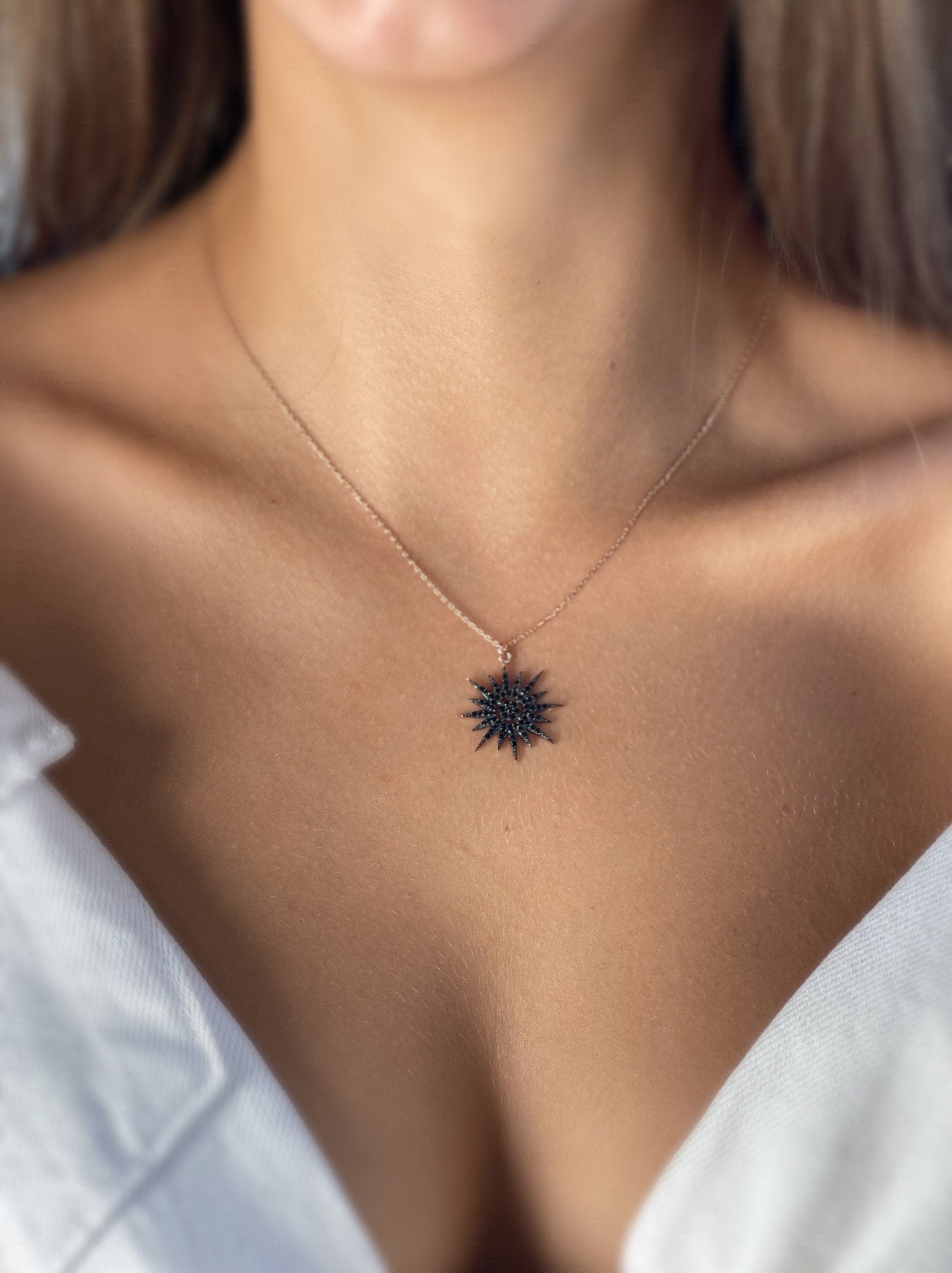 Cosmic Star Necklace, North Star Jewelry Pendant, , Starburst Pave Necklace, Delicate Silver Necklace