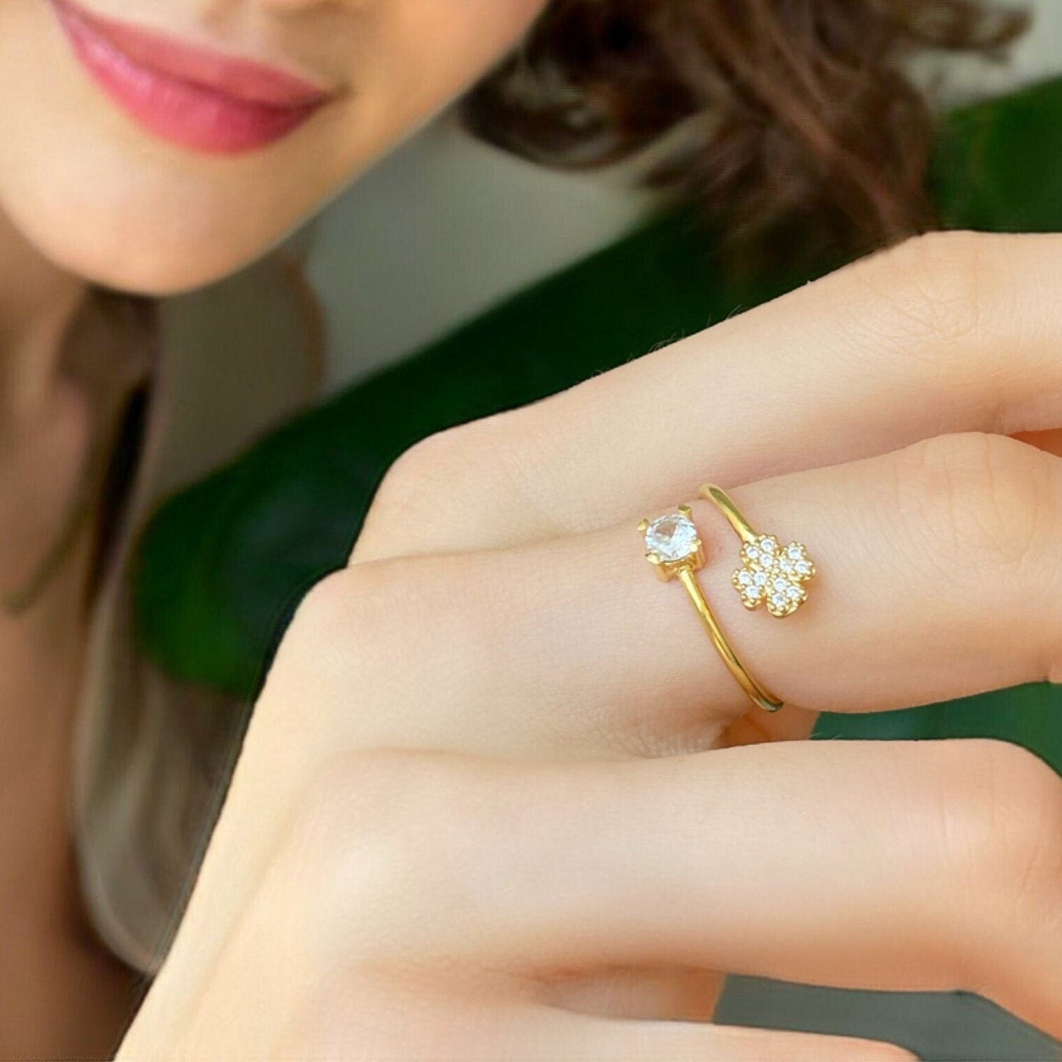 Multi Layer Thumb Cz Flower Spiral Ring - Gold Color Open Adjustable Ring - Delicate Sterling Silver Jewelry - Stunning Ring For Women