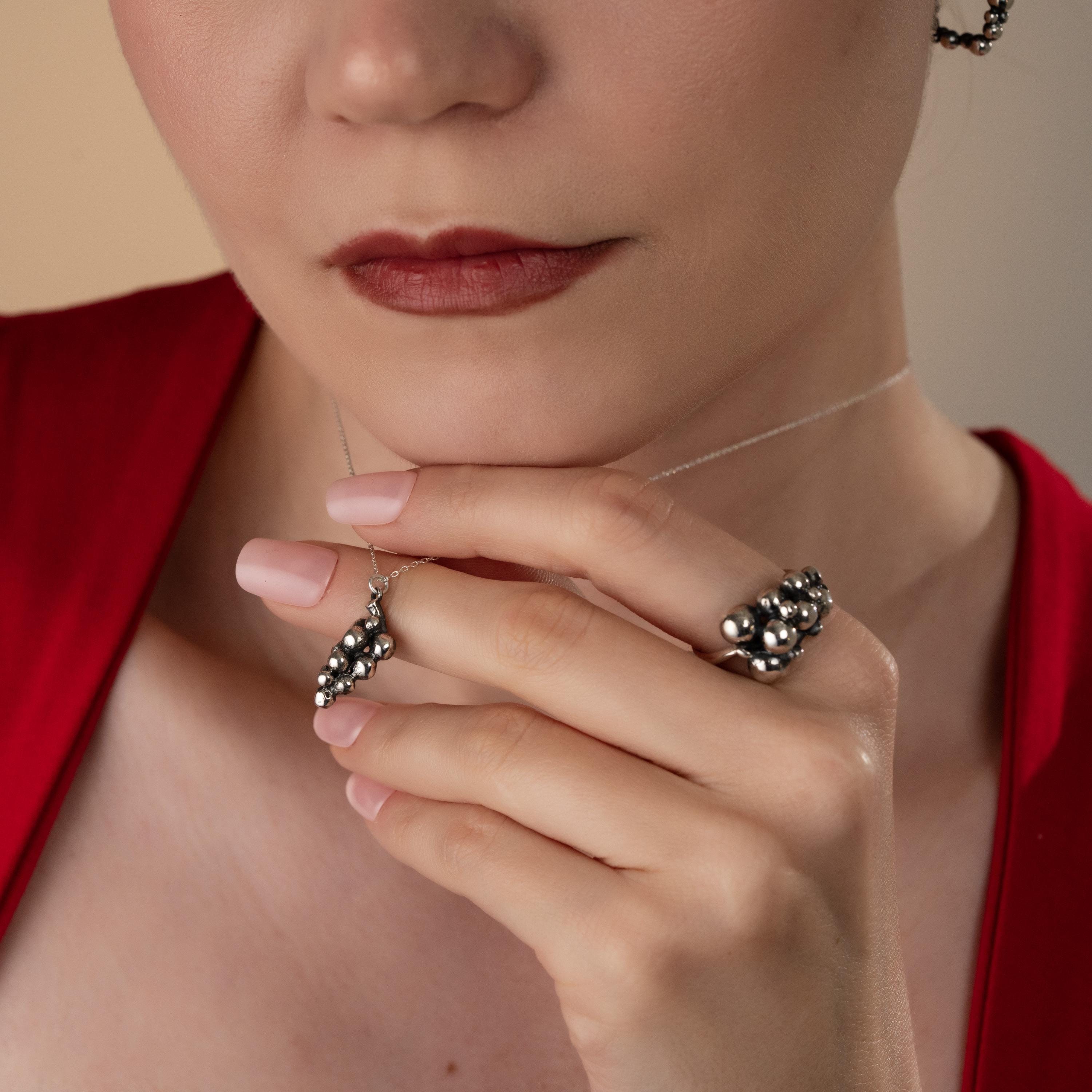 Artisan Grape Cluster Necklace, Nature’s Touch Jewelry, Handmade Silver Necklace, Statement Jewelry For Women, Timeless Bead Cluster Pendant