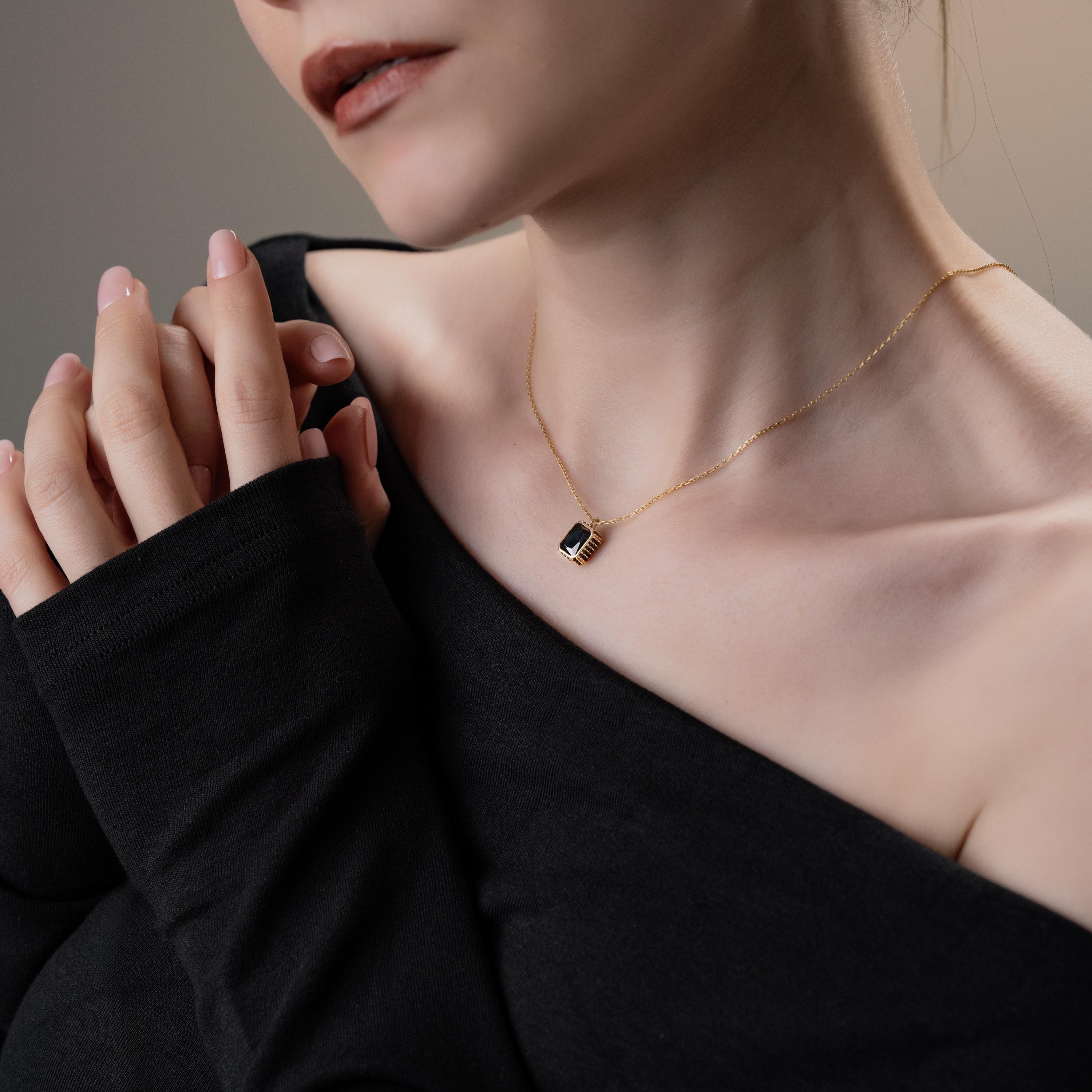 Gold Framed Black Stone Necklace , Baguette Cut Black Gem Pendant , Minimalist Handmade Jewelry , , Jewelry For Women
