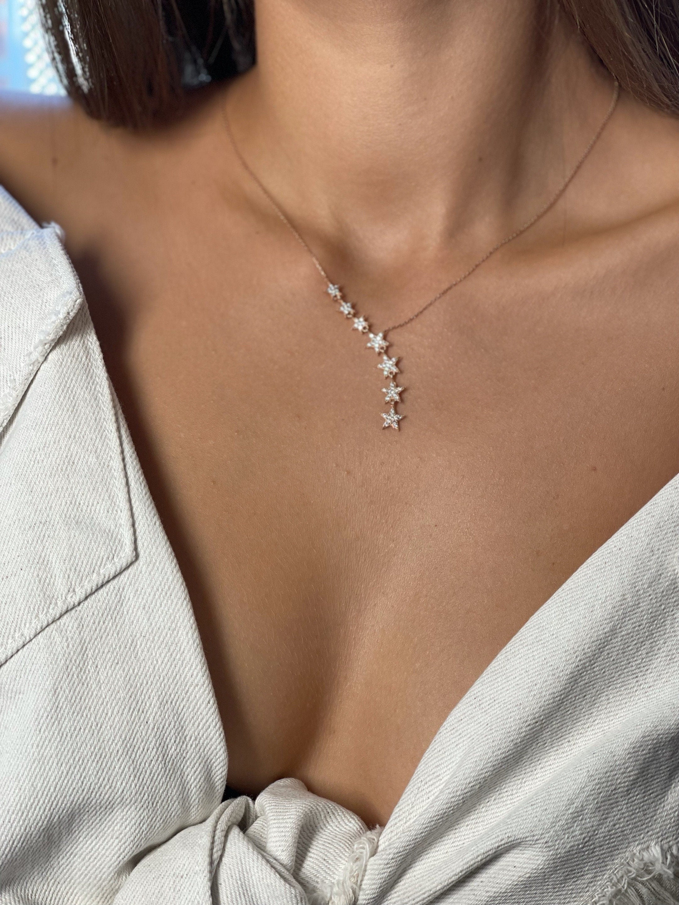 Sterling Silver Dainty Star Lariat Necklace - Asymmetric Y Shape Drop Star Pendant - Zircon Gemstones - Pave Necklace -