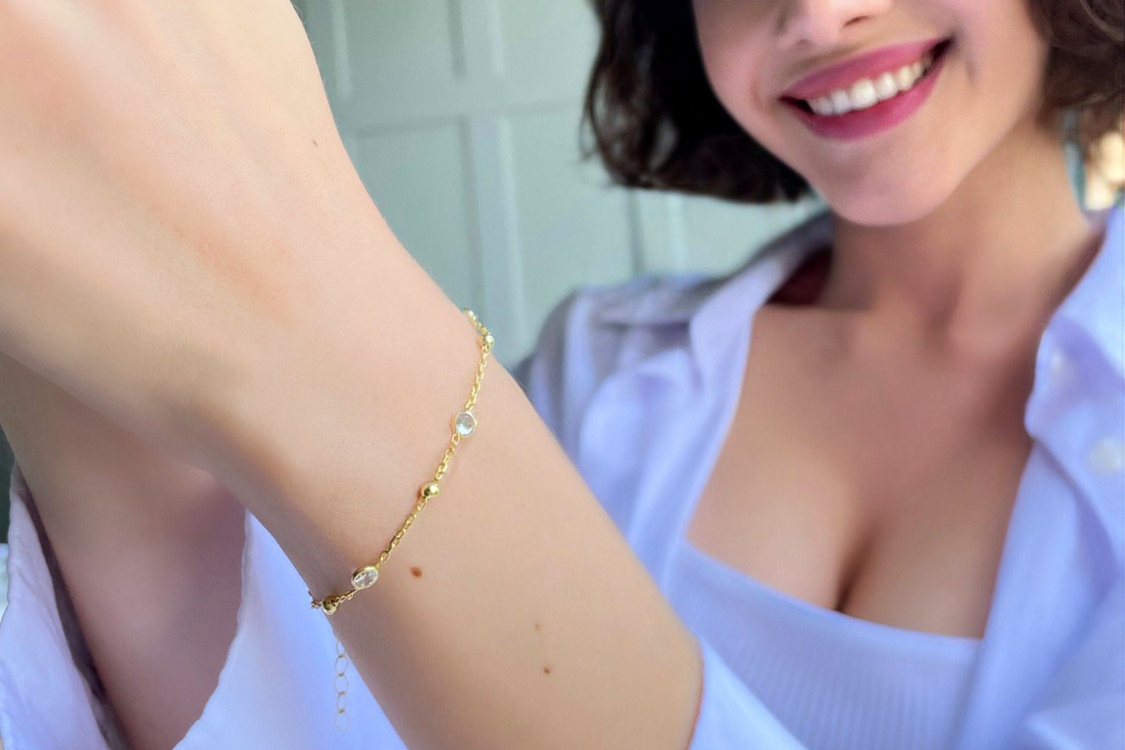 Minimalist Cz Bezel Chain Bracelet - Gold Plated Bracelet With Zirconia And Tiny Balls - Women Jewelry - Bridesmaid Gift - Dainty Bracelet