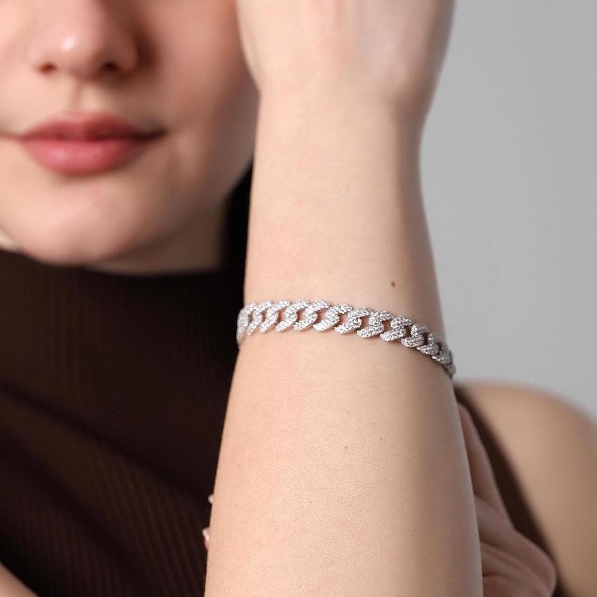 Iced Out Cuban Link Bracelet , Bling Cuban Chain Bracelet , Elegant Rhinestone Chain, Silver Zirconia Bracelet , Statement Jewelry For Women