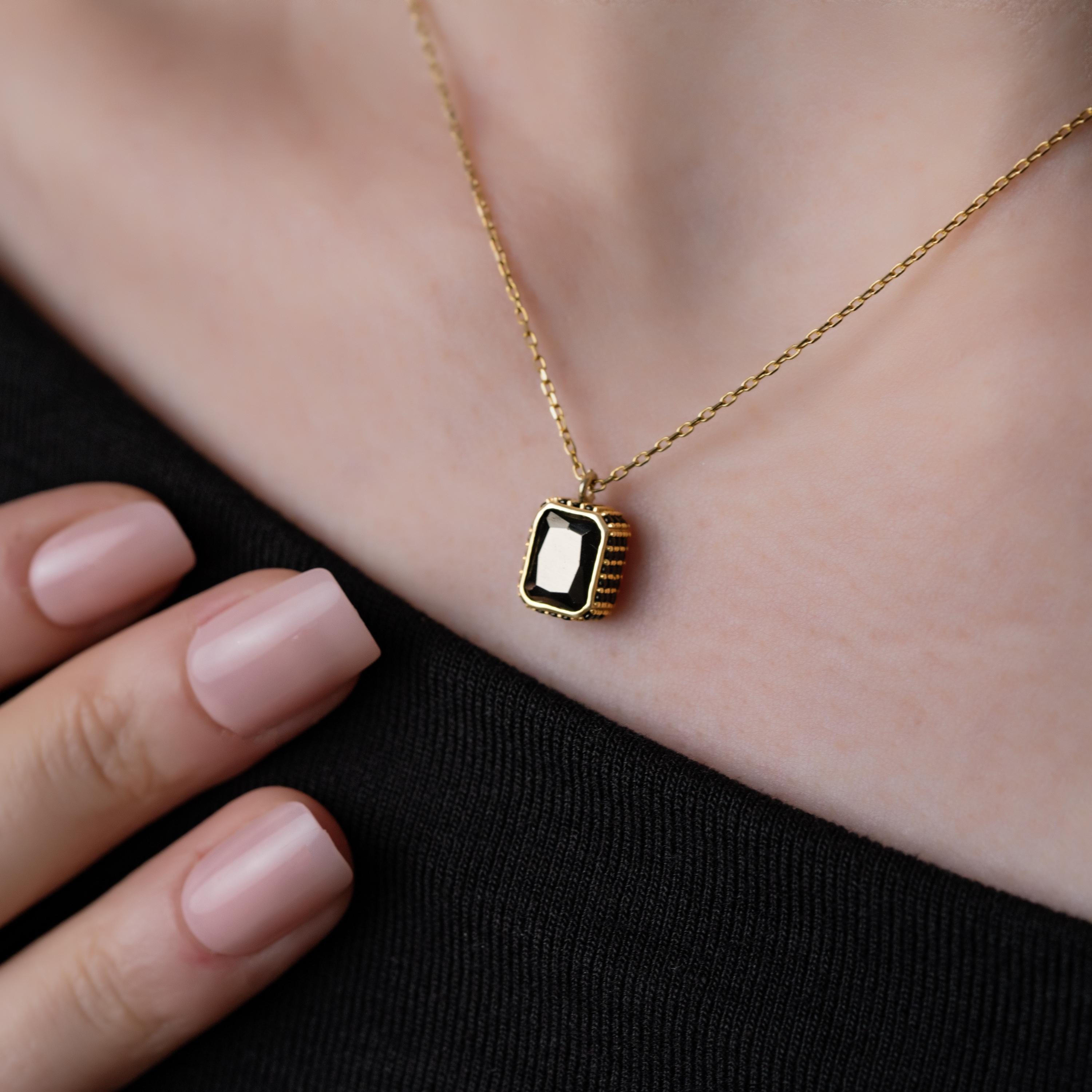 Gold Framed Black Stone Necklace , Baguette Cut Black Gem Pendant , Minimalist Handmade Jewelry , , Jewelry For Women