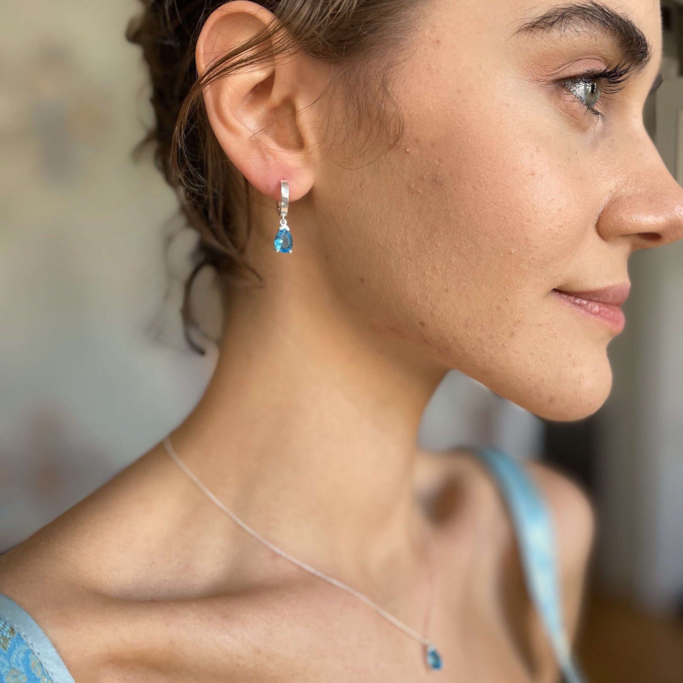 Birthstone Jewelry Set - Mothers Day Birthstone Gift - Blue Zircon Sterling Silver Necklace & Earrings - December / March Birthstone