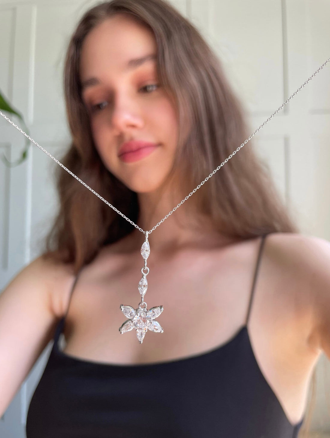 Charming Cz Flower Necklace - Sparkling Zirconia Floral Pendant - Sterling Silver Floral Design Jewelry - Delicate Gift Idea