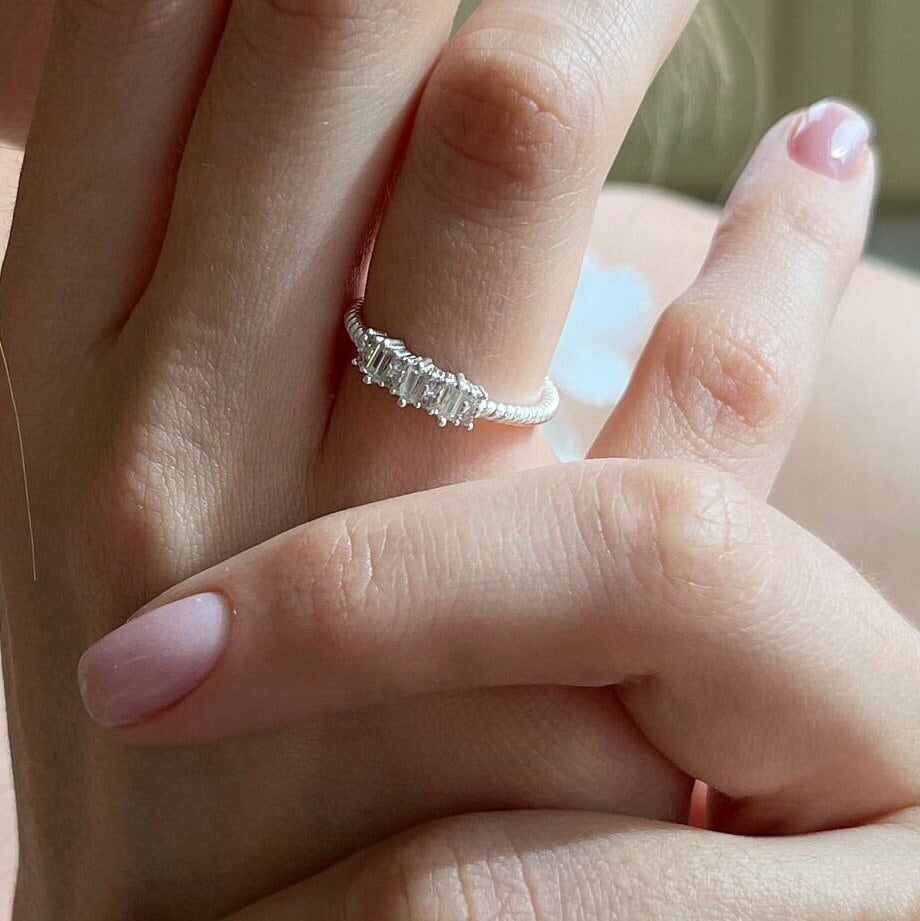 Emerald Cut Engagement & Wedding Band - Sterling Silver Sparkling Ring - Marry Me Jewelry - Baguette Half Eternity Ring For Women Gift Idea