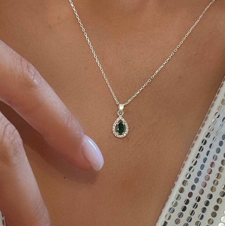 Sapphire Teardrop Necklace Zirconia Frame -cz Emerald Teardrop Pendant For Women -dainty Sterling Silver Sapphire/emerald/crystal Variations