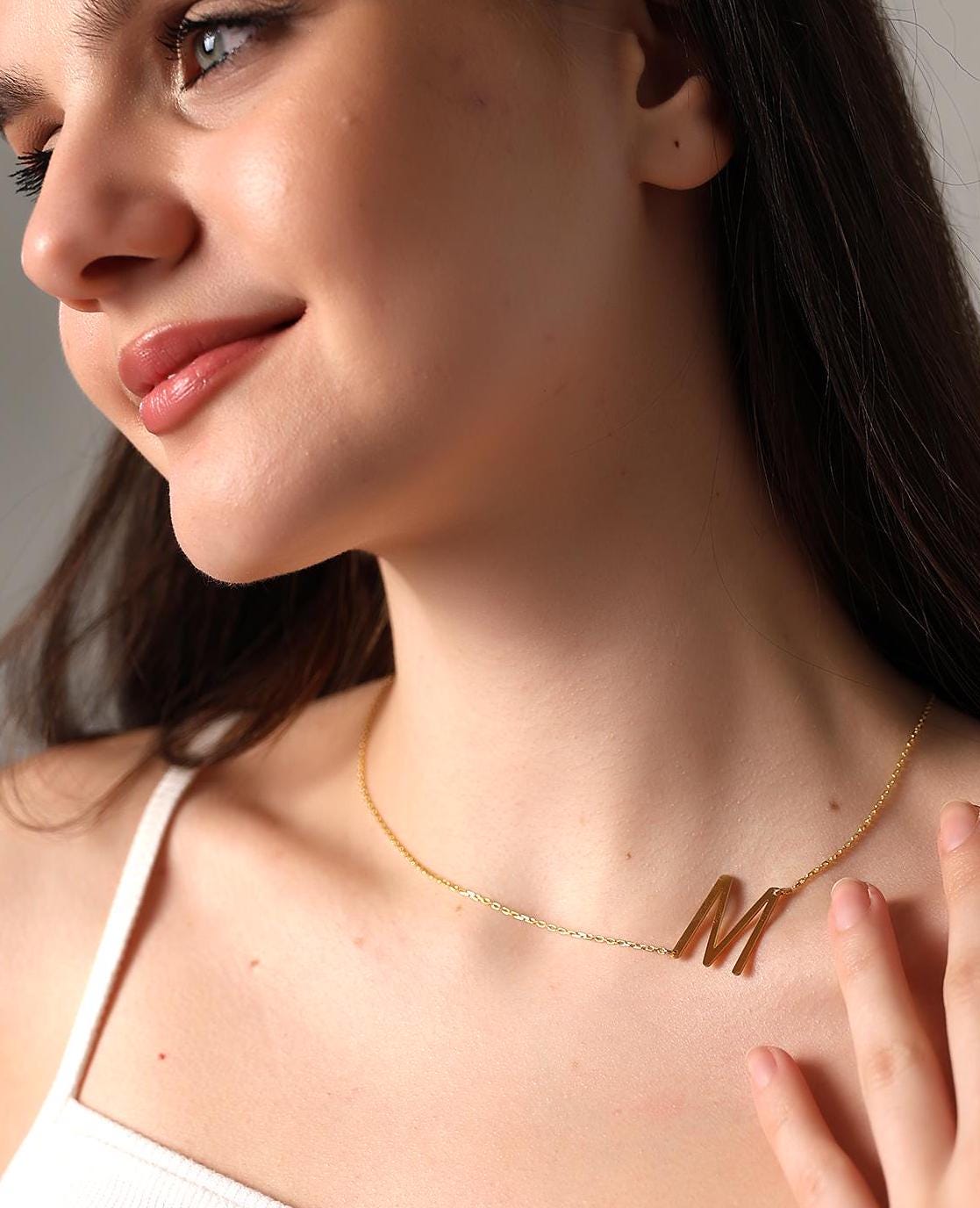 Sideways Initial Necklace, Custom Side Letter Necklace, Personalized Alphabet Pendant, Asymmetrical Initial Necklace, Chic Personalized Gift