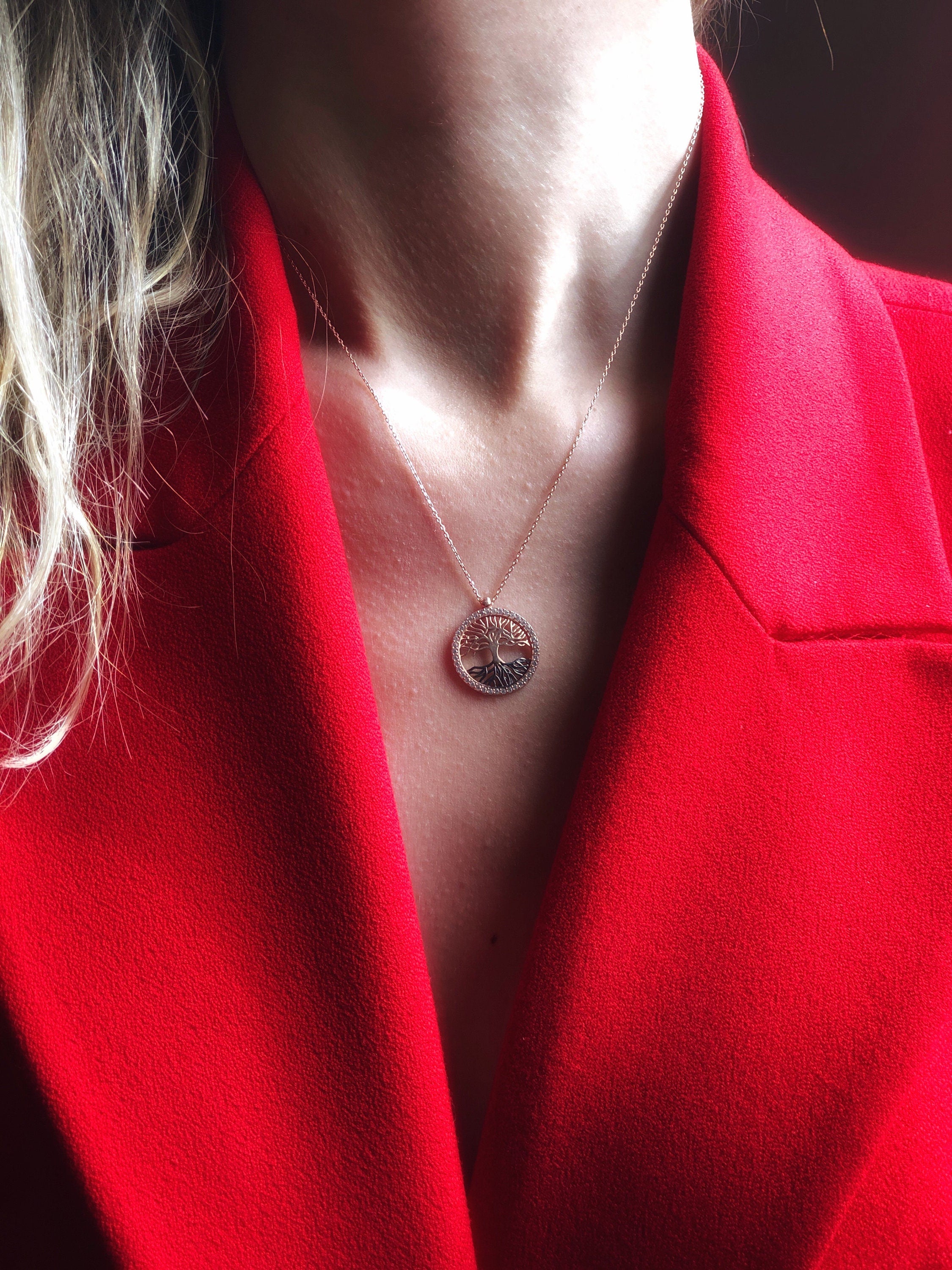 Sterling Silver Tree Of Life Necklace | Engraved Disc Pendant | Minimalist Dainty Necklace | Family Necklace | Tree Of Life Jewelry Gift