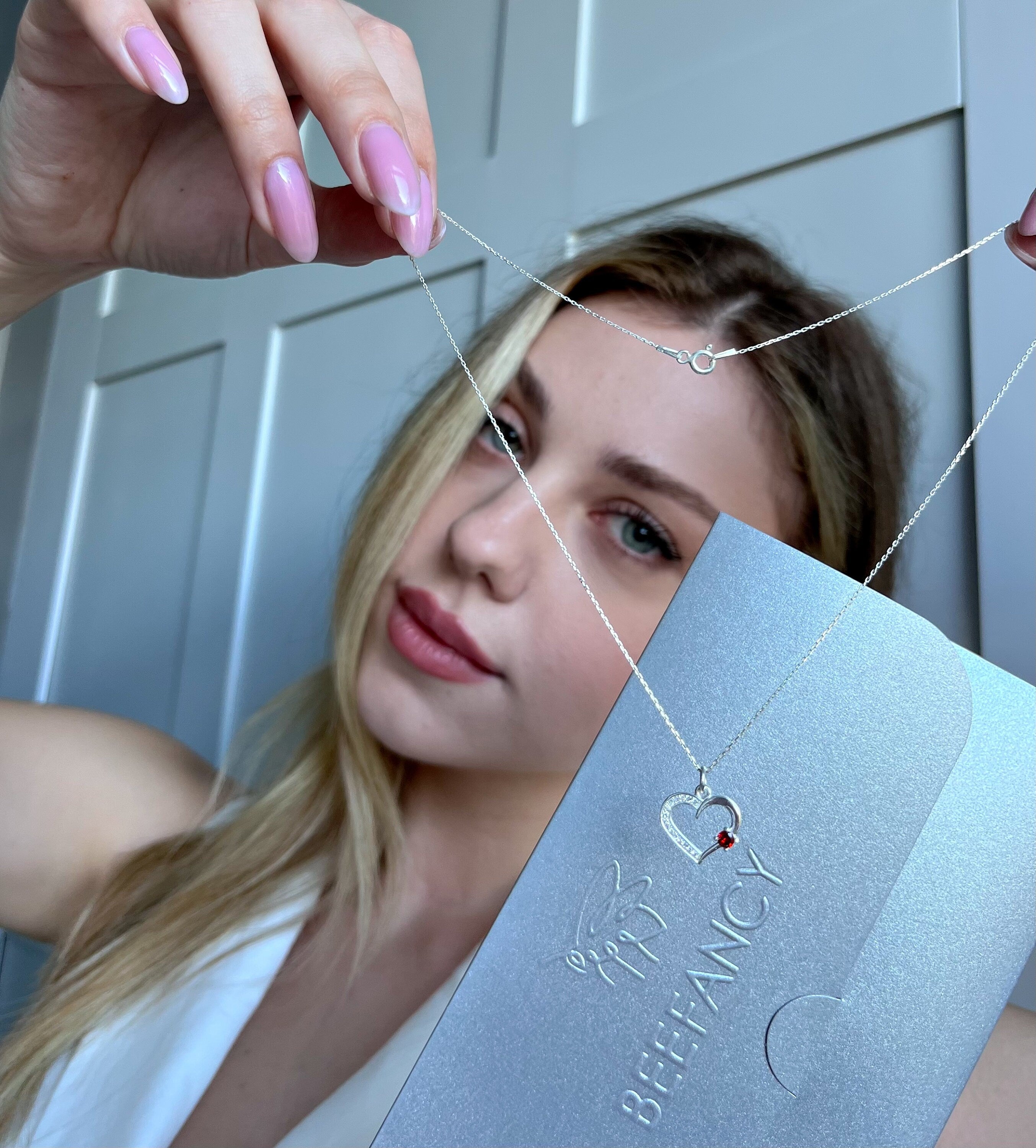 Heart Pendant With Red Garnet Gemstone , Silver Necklace For Women , Sterling Silver Delicate Necklace ,