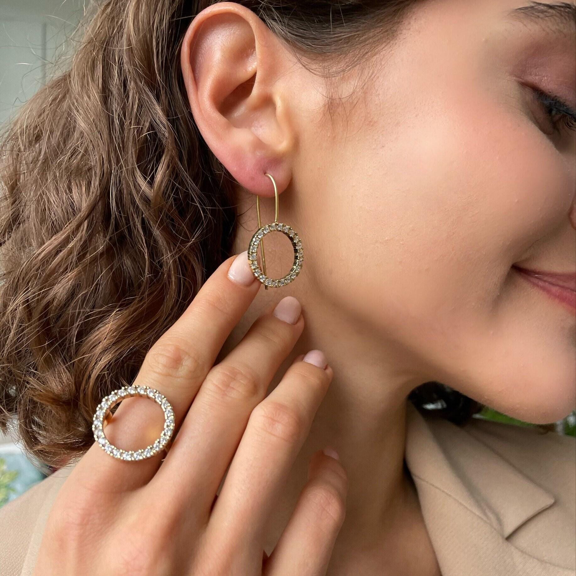 Cz Halo Jewelry Set - Zirconia Ring &earrings - Shimmering Circle Drop Earrings - Bridal Jewelry Set - Silver And Gold Plated Options