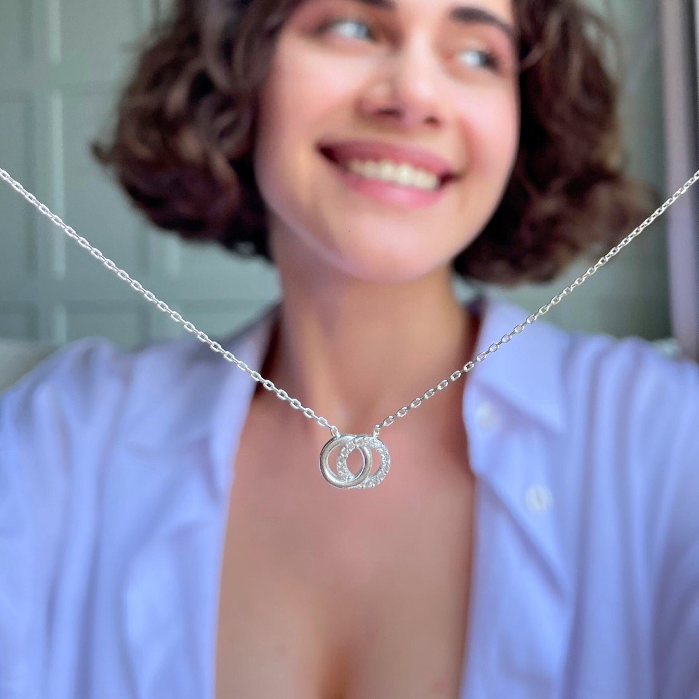 Handcrafted Interlocking Circles Necklace - Sterling Silver Double Ring Necklace - Cz Eternal Ring Necklace - Elegant Jewelry Gift