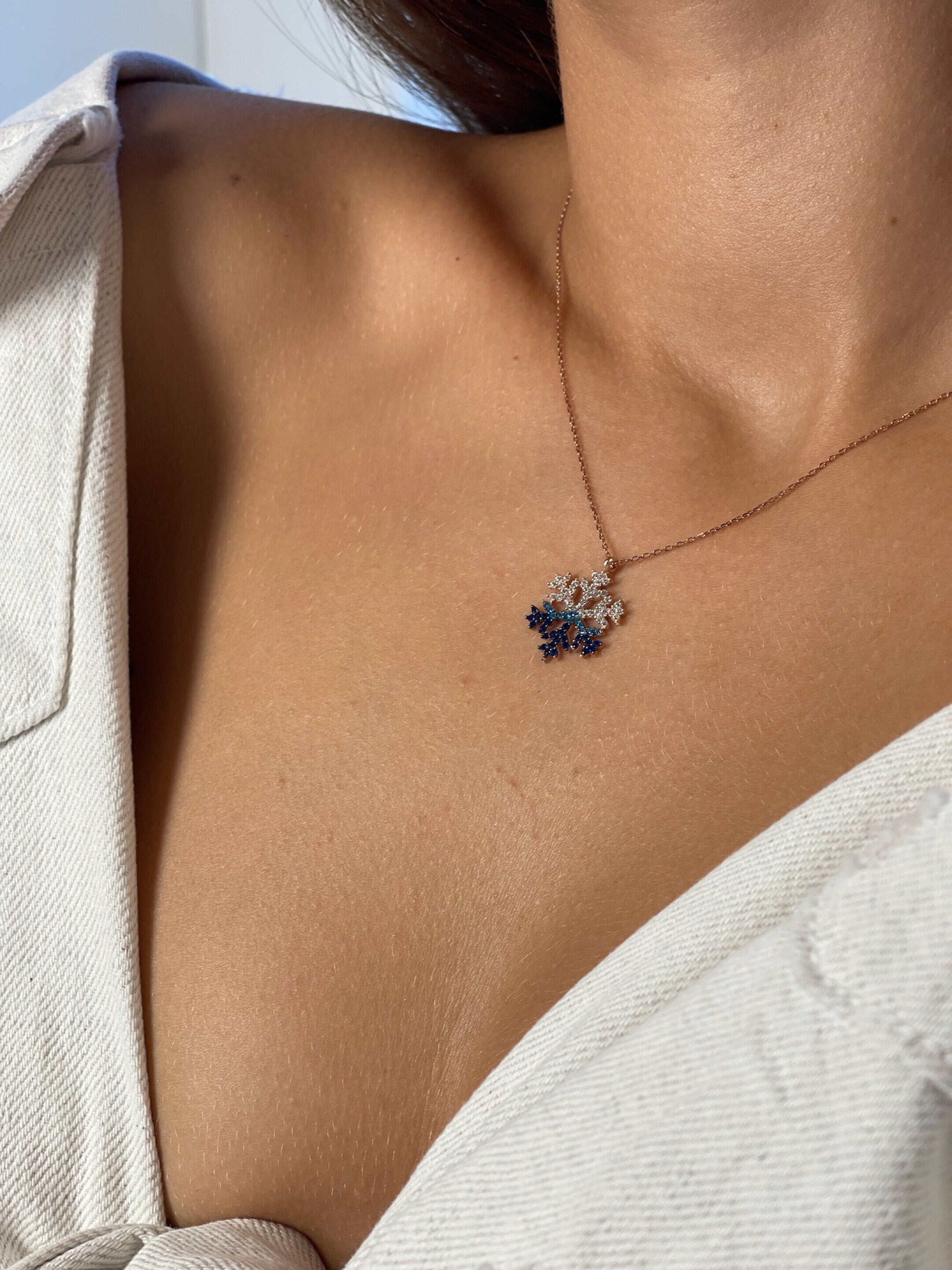 Silver Snow Flake Necklace, Modern Look Multicolor Cubic Zircon Pendant , Winter Present, Snow Flake Handmade Jewelry,