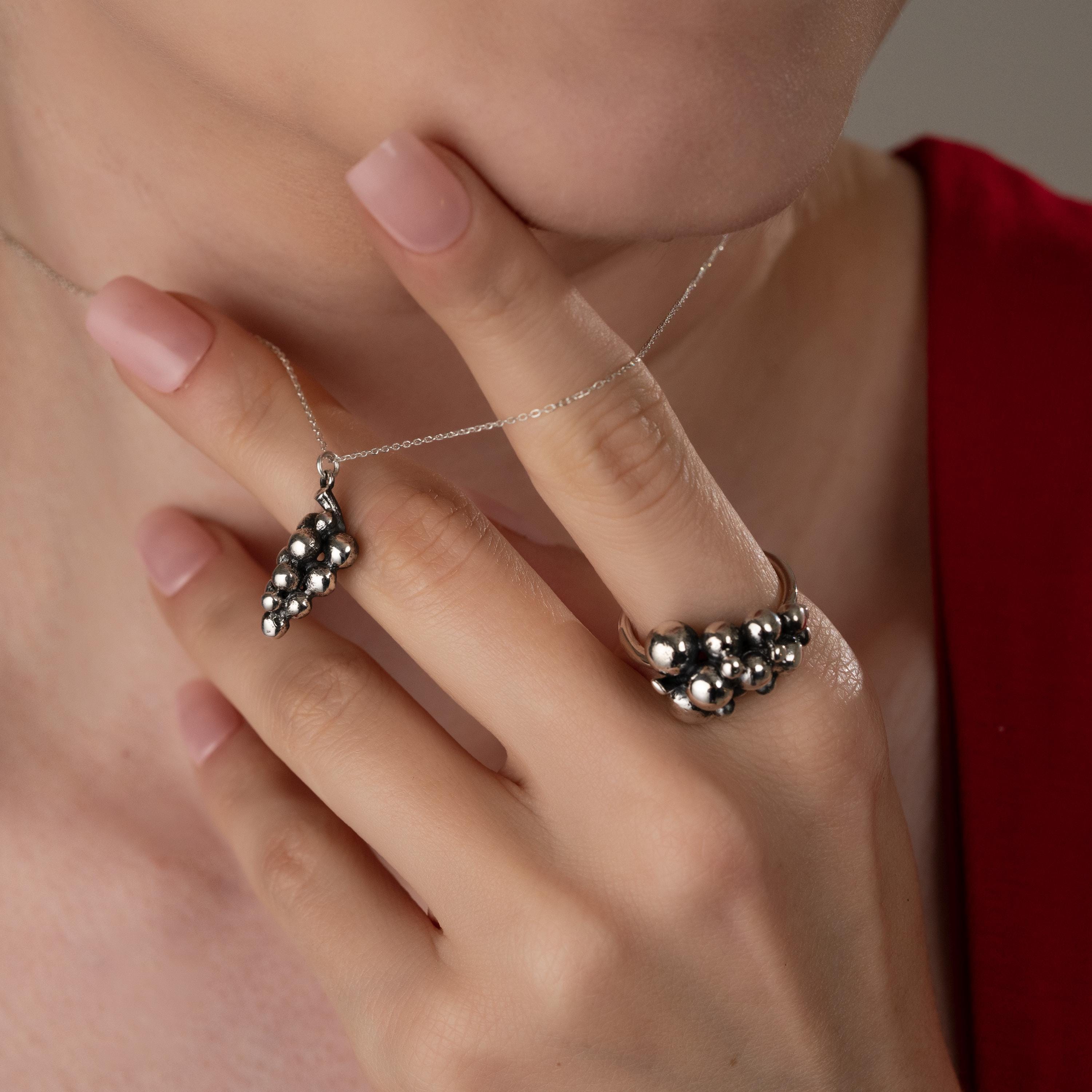 Artisan Grape Cluster Necklace, Nature’s Touch Jewelry, Handmade Silver Necklace, Statement Jewelry For Women, Timeless Bead Cluster Pendant