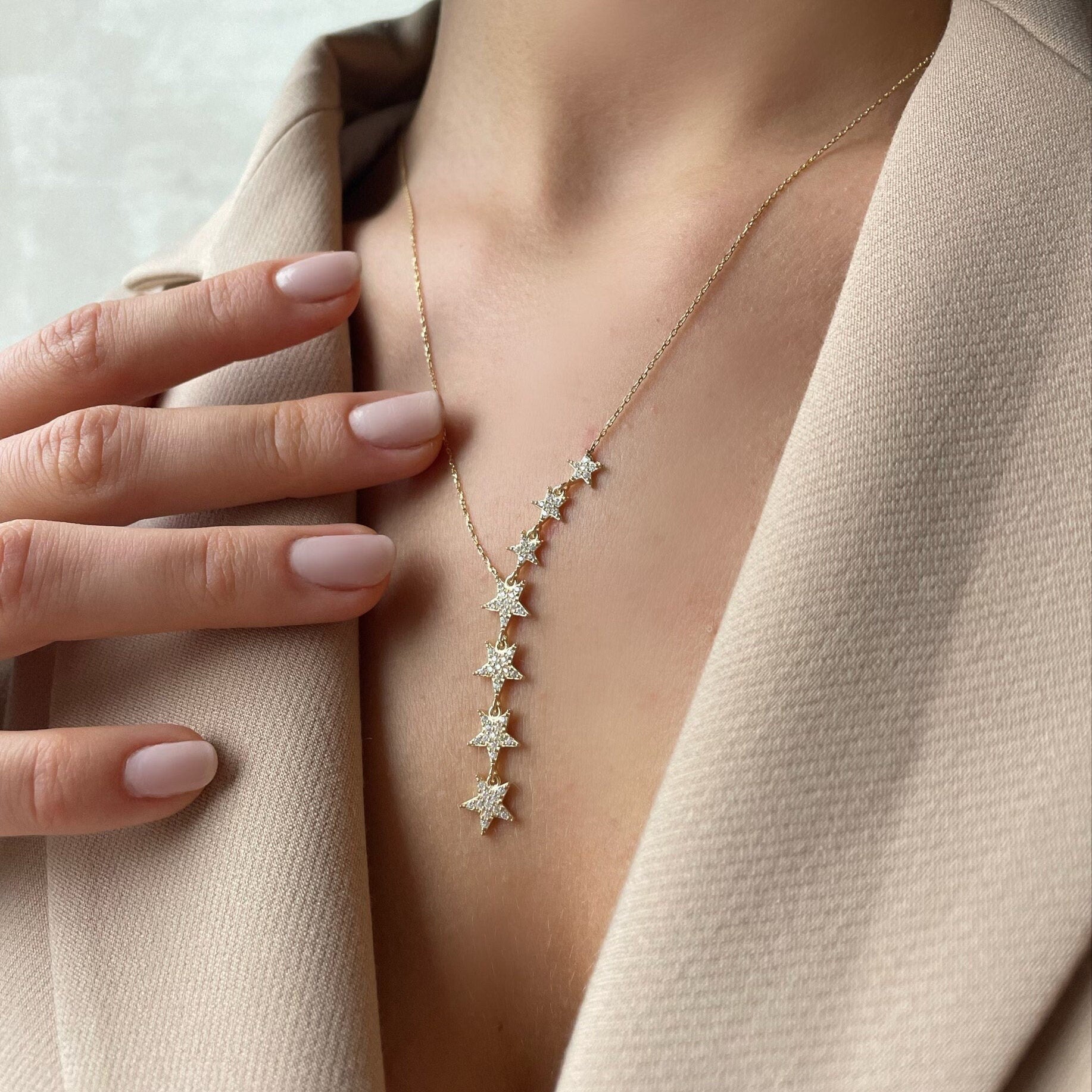 Gold Color Star Lariat Necklace - Asymmetric Y Shape Drop Star Pendant - Silver / Gold / Rose Gold Chain Options -