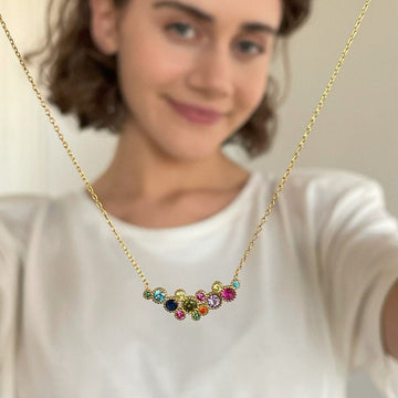 Rainbow Gemstone Necklace , Multicolour Zirconia Necklace , Round Cut Colorful Birthstone Necklace