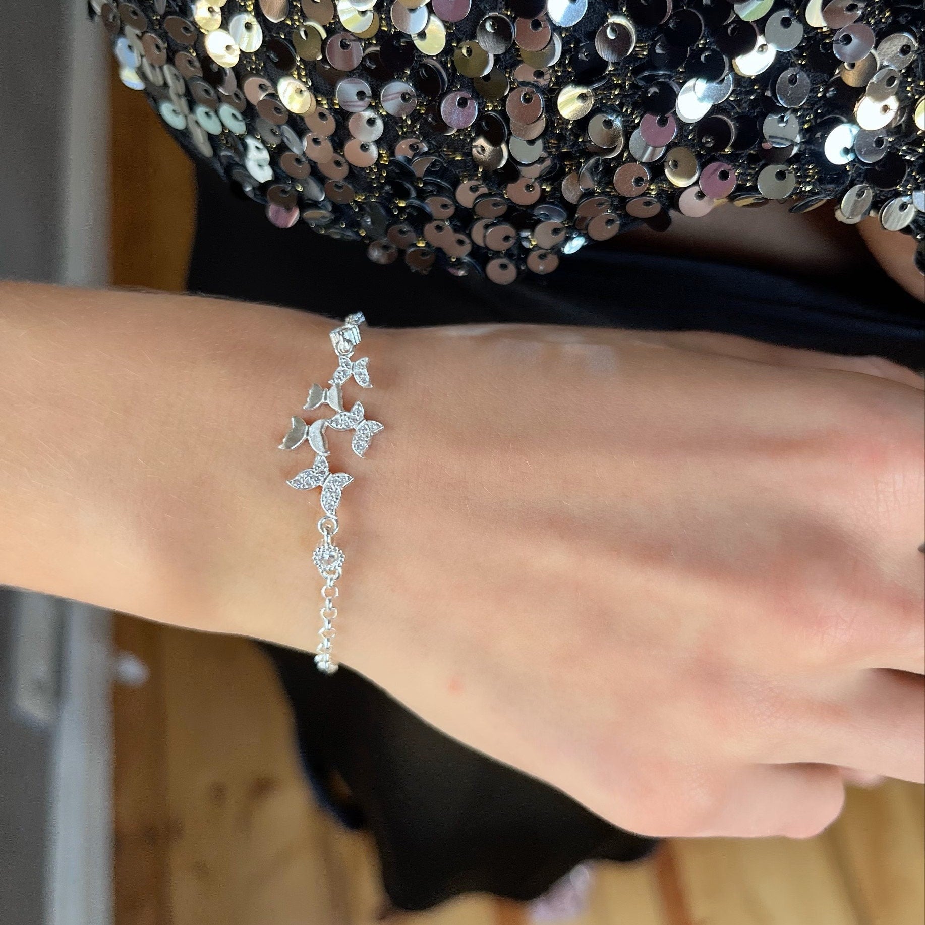 Dazzling Cz Butterfly Bracelet - Sterling Silver Adjustable Butterfly Bracelet - Nature Lover -