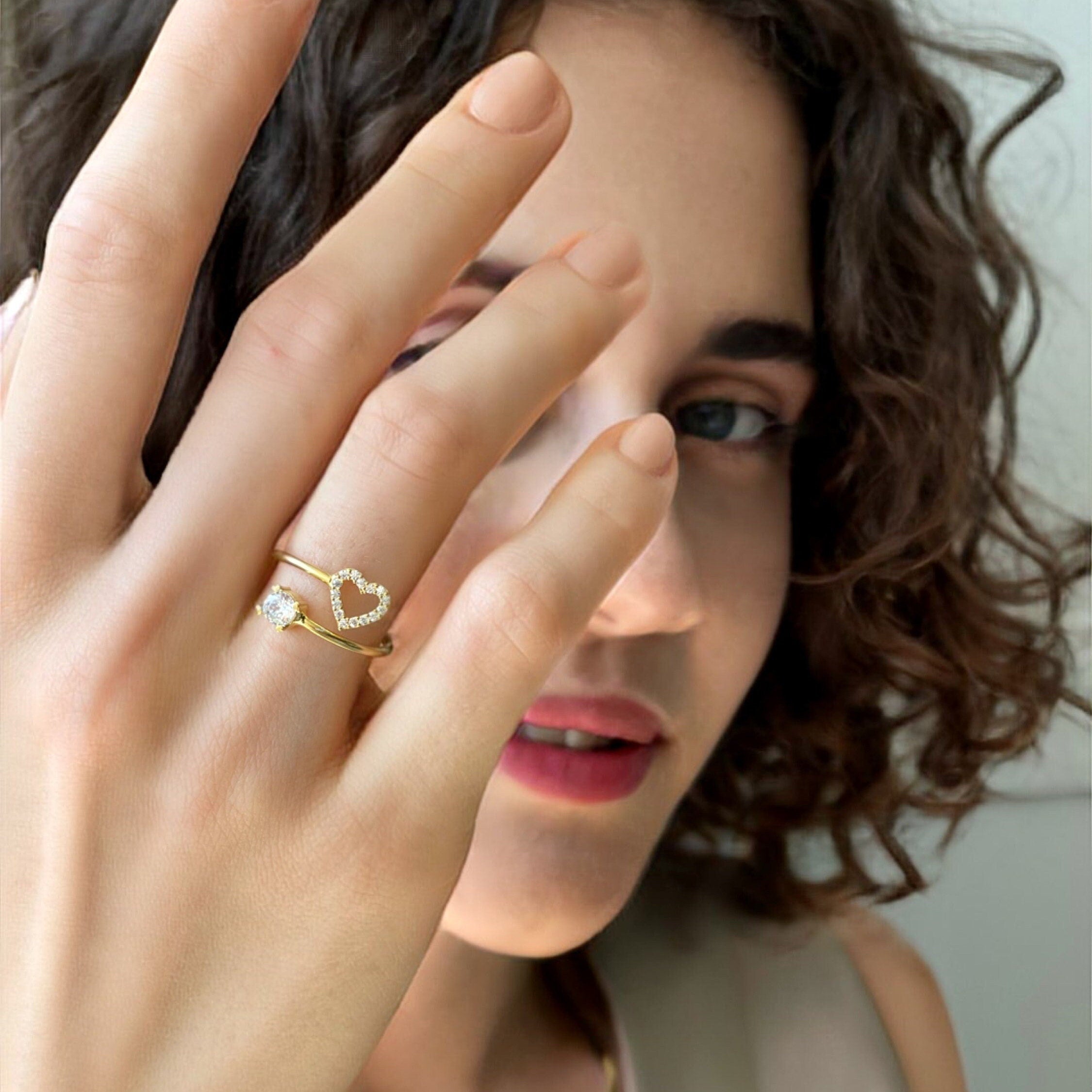 Marriage Heart Spiral Ring - Gold Plated Open Adjustable Ring - Dainty Sterling Silver Jewelry - Sparkling Heart Ring - Wedding Jewelry