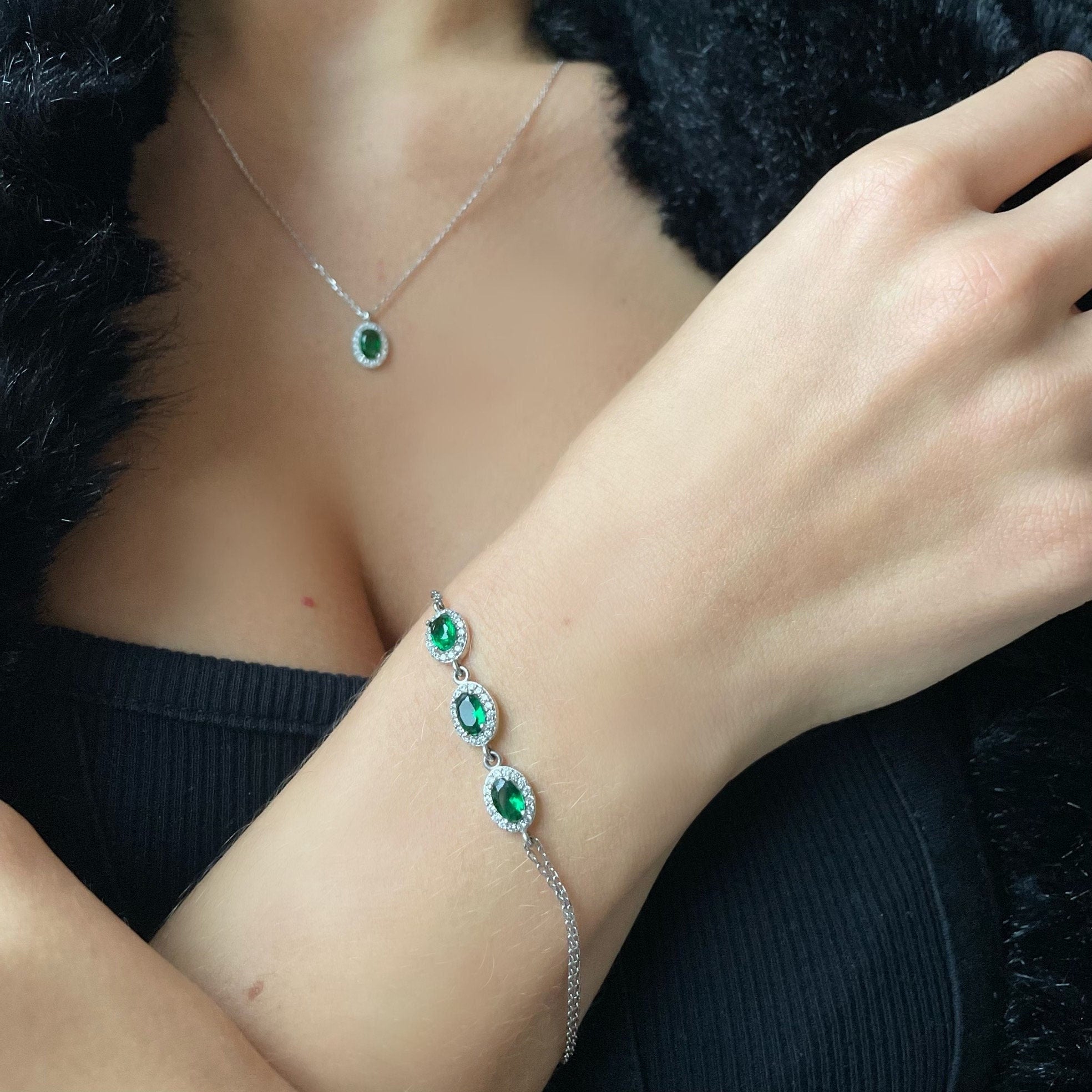 Sparkling Emerald Bracelet With Zirconia Frame - Oval Cut Green Gemstone Bracelet - Dainty Sterling Silver Jewelry - Jewelry For Women -