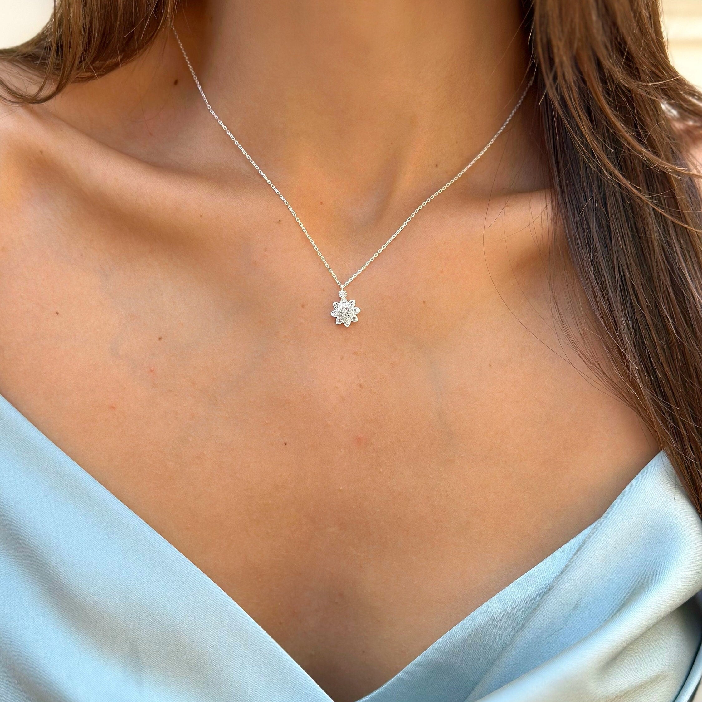 Sparkling Floral Design Pendant- Sterling Silver Flower Necklace - Cz Flower Pendant - Jewish Model Necklace - Gift Idea - Perfect Gift Idea