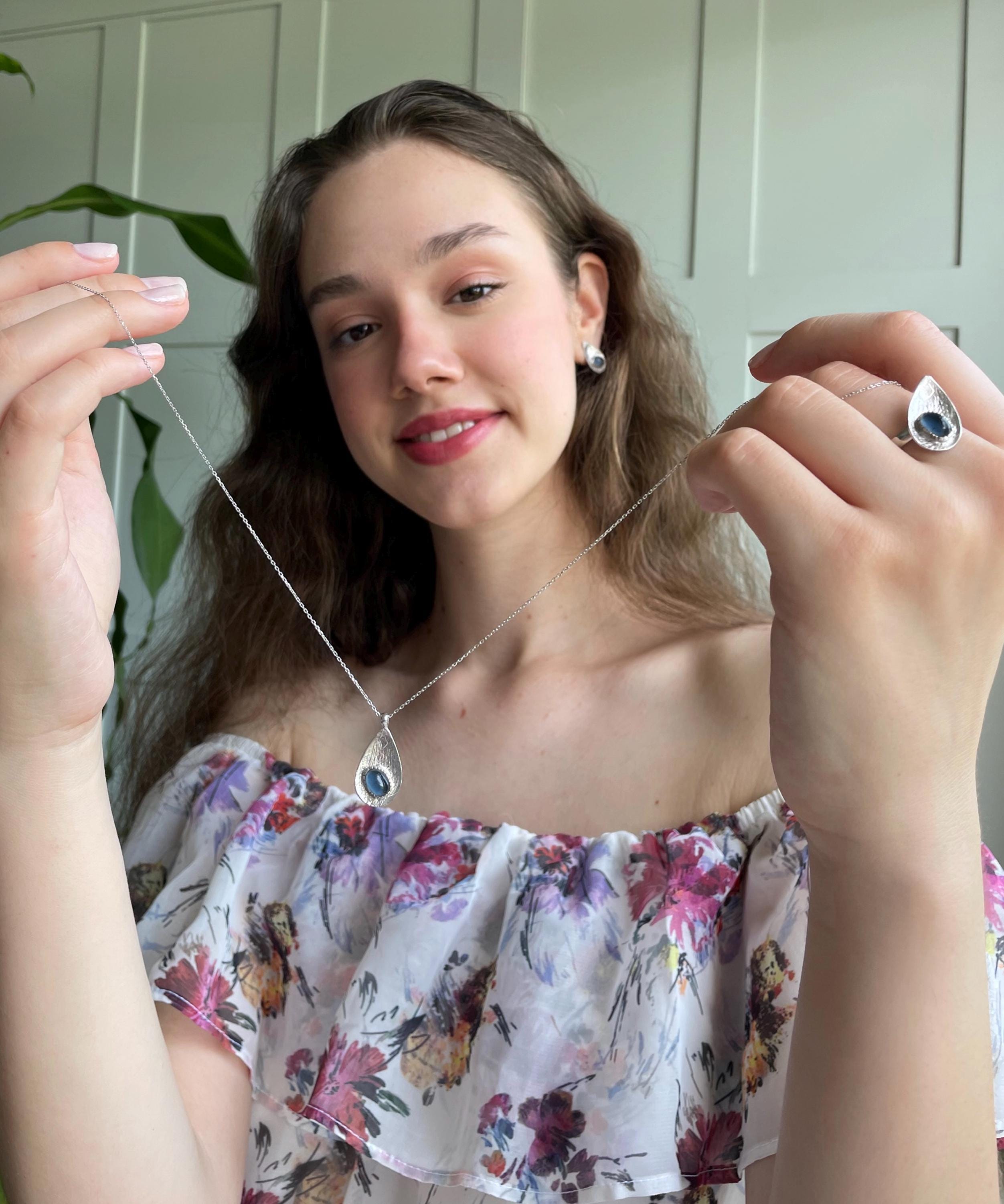 Handcrafted Silver Teardrop Birthstone Set - Necklace, Ring, Earrings - Large Teardrop Birthstone Trio Matching Set - Perfect Gift Idea