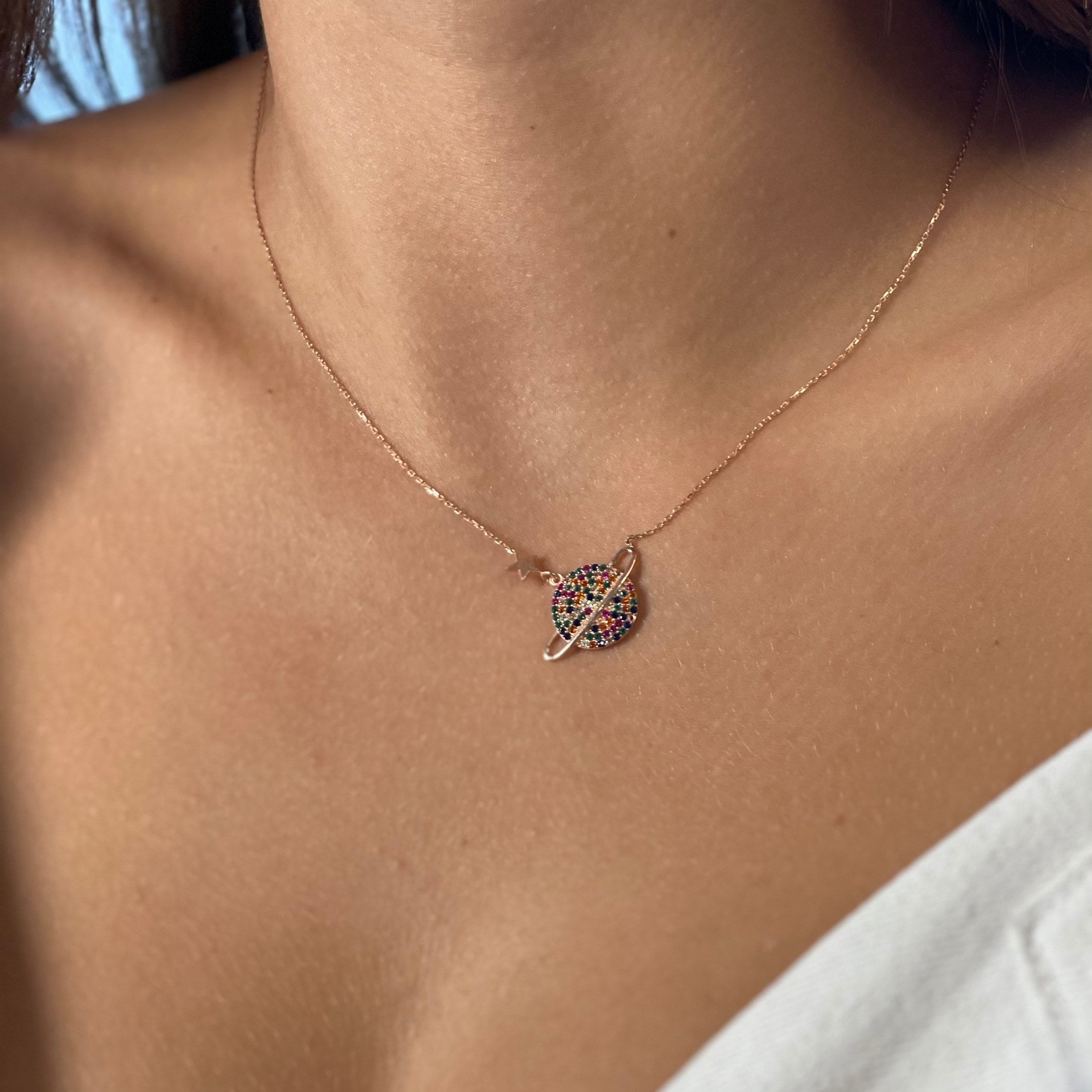 Galaxy Sterling Silver Necklace, Planet Star Jewelry Pendant, , Pave Necklace Personalized Gift, Delicate Silver Necklace