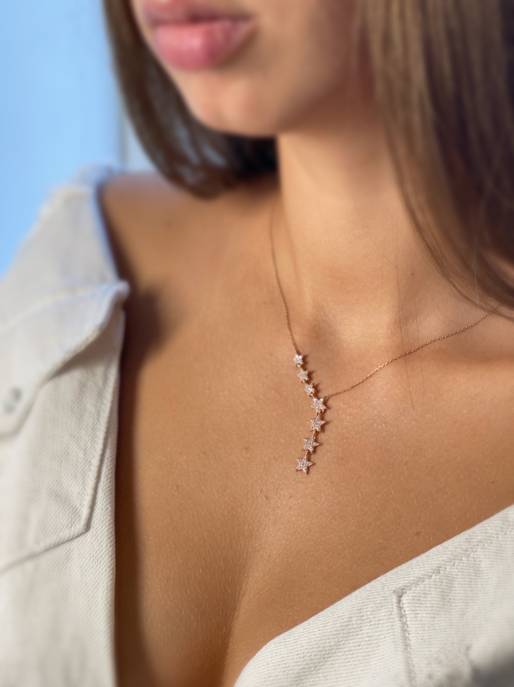 Sparkling Star Lariat Necklace - Sterling Silver Asymmetric Y Shape Star Pendant - Silver / Gold / Rose Gold Options -