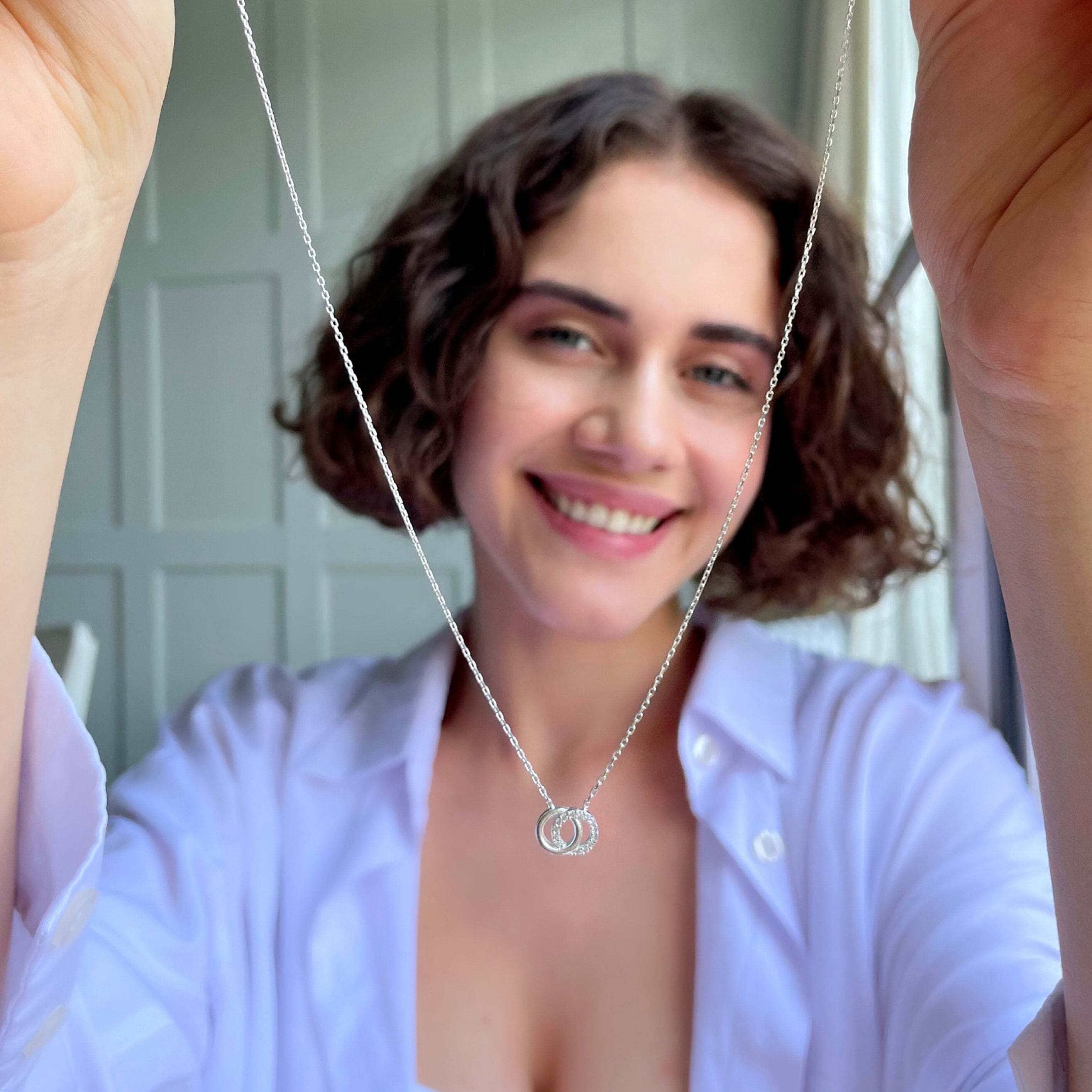 Sterling Silver Double Ring Necklace -togetherness Eternal Ring Necklace - Cz Double Circle Linked Necklace -