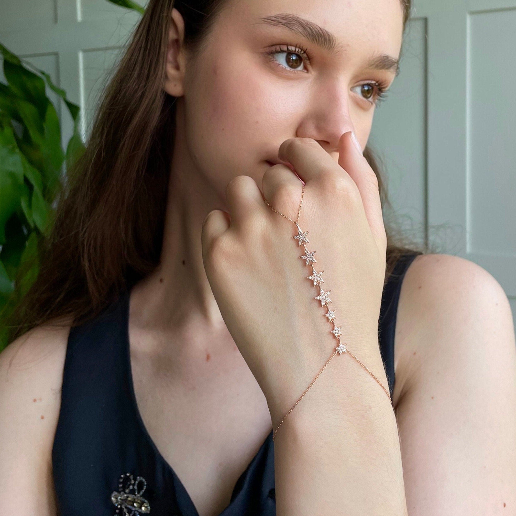 Star Sahmeran Bracelet - Star Chain Bracelet - Celestial Silver Jewery For Women - Hand / Finger Chain Bracelet