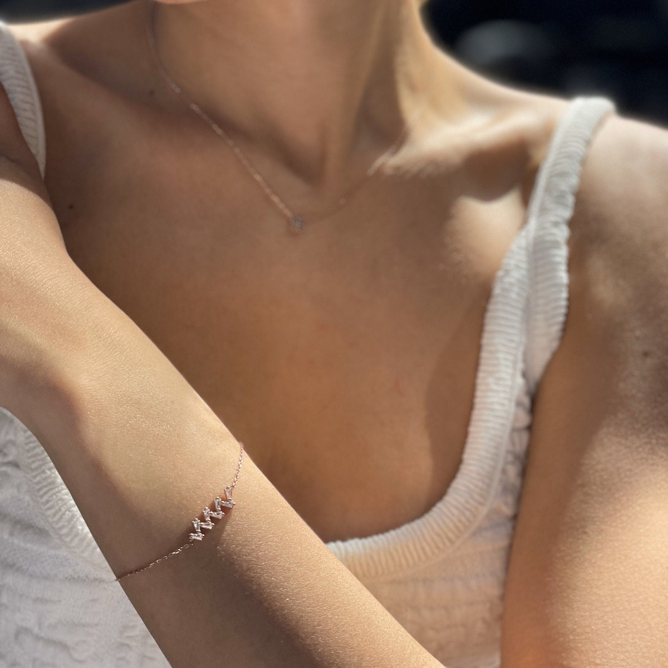 Cz Heartbeat Bracelet - Rose Gold Color Zigzag Bracelet - Minimalist Sterling Silver Jewelry - Delicate Jewelry For A Meaningful Gift