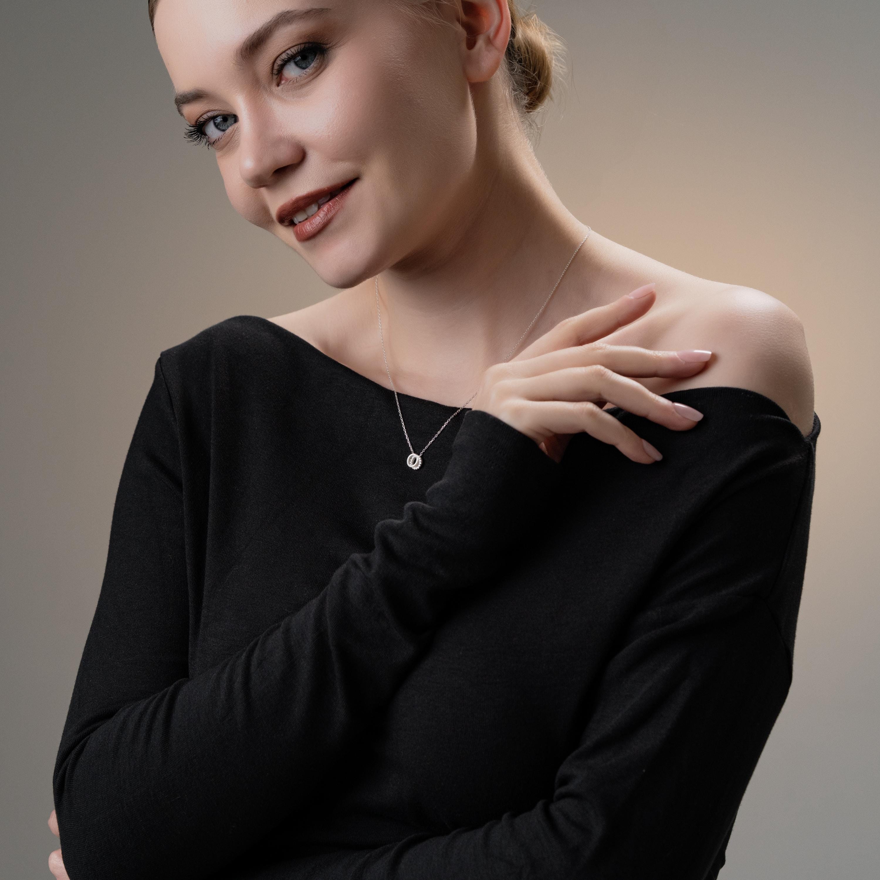 Dainty Double Circle Necklace , Silver Interlocking Design With Dazzling Zirconia , Minimalist Circle Necklace , Handmade Gift For Women