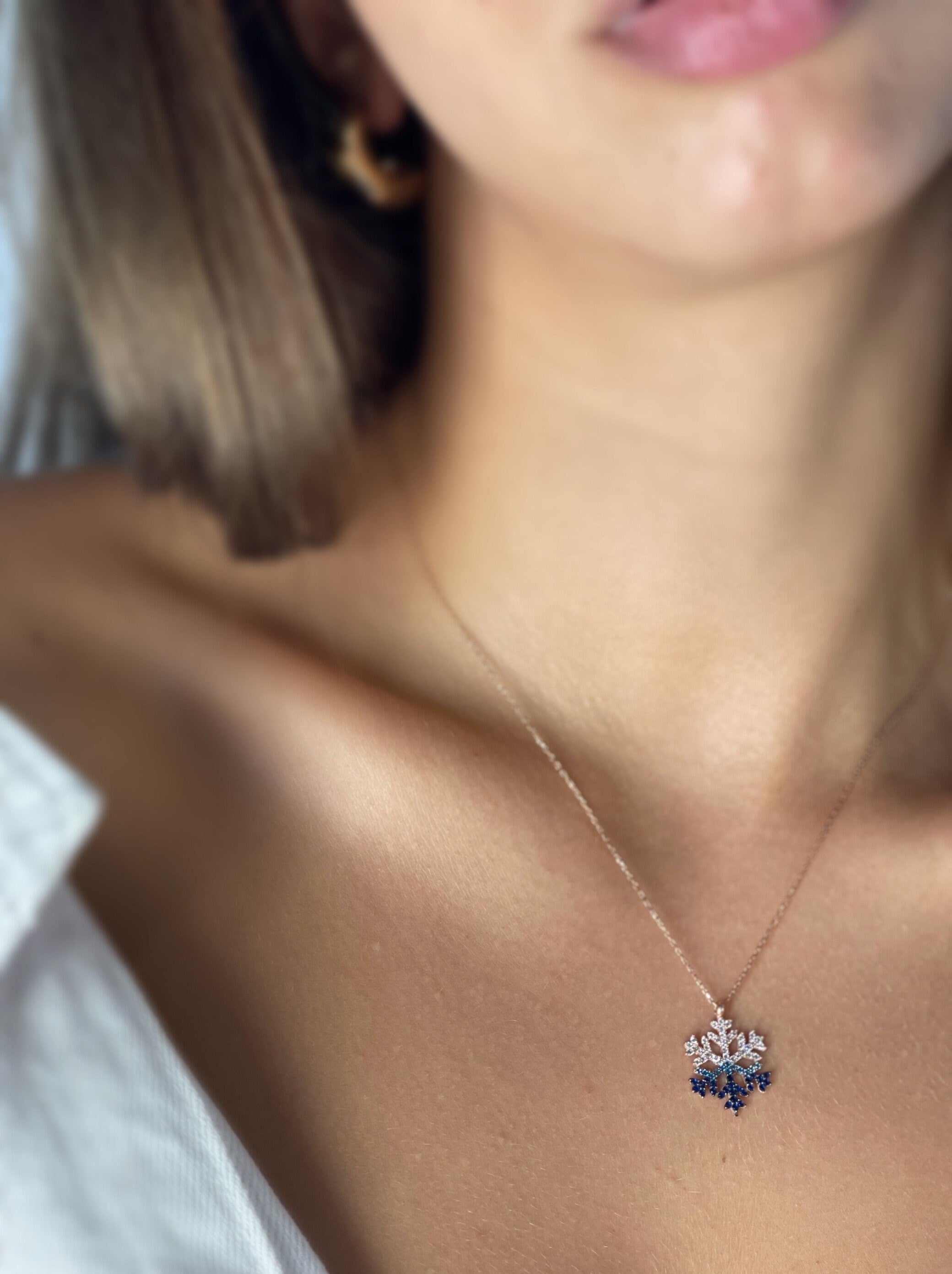 Silver Snow Flake Necklace, Modern Look Multicolor Cubic Zircon Pendant , Winter Present, Snow Flake Handmade Jewelry,