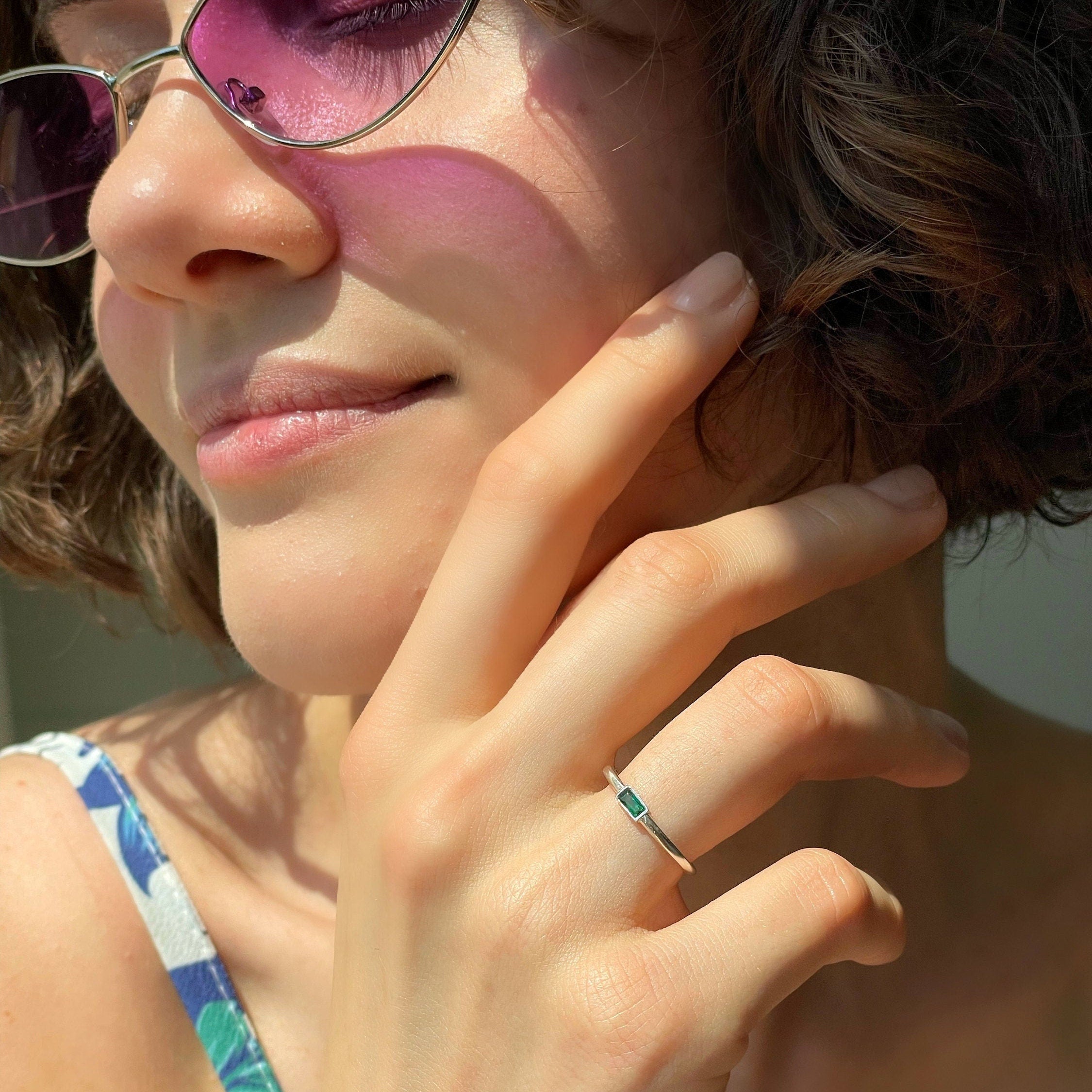 Emerald Baguette Cut Ring - Rectangle Emerald Gemstone Ring - Minimalist Elegance For Women - Baguette Stacking Ring - Handmade Jewelry