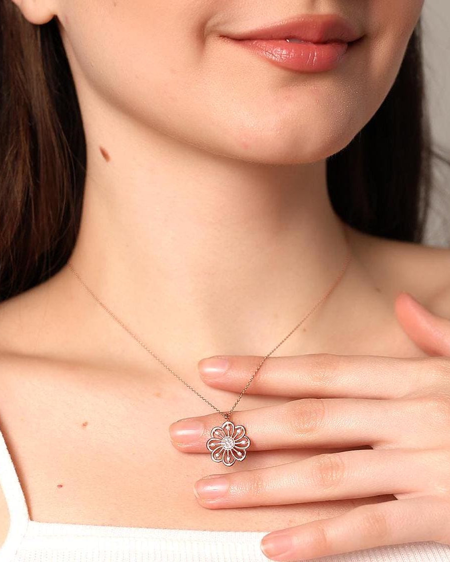 Floral Blossom Charm Necklace , Elegant Flower Pendant , Minimalist Rose Gold Daisy Necklace , Handmade Sterling Silver Jewelry