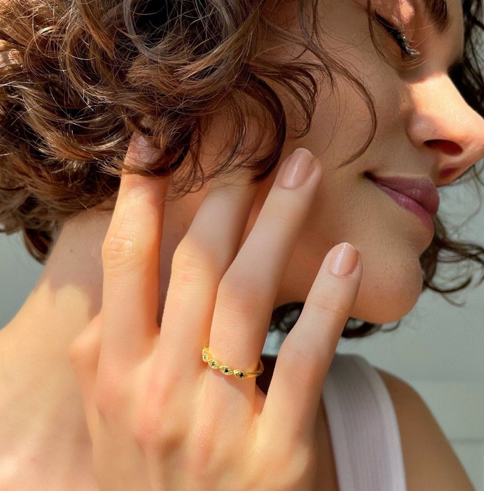 Half Eternity Art Deco Ring - Gold Color Traditional Wedding Band - Marquise Shaped Silver Jewelry - Dainty & Minimalist Jewelry For Women