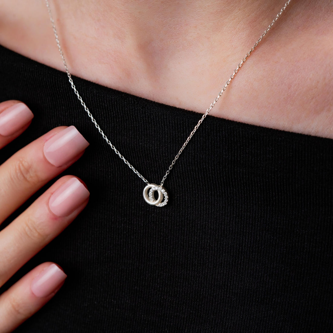 Dainty Double Circle Necklace , Silver Interlocking Design With Dazzling Zirconia , Minimalist Circle Necklace , Handmade Gift For Women