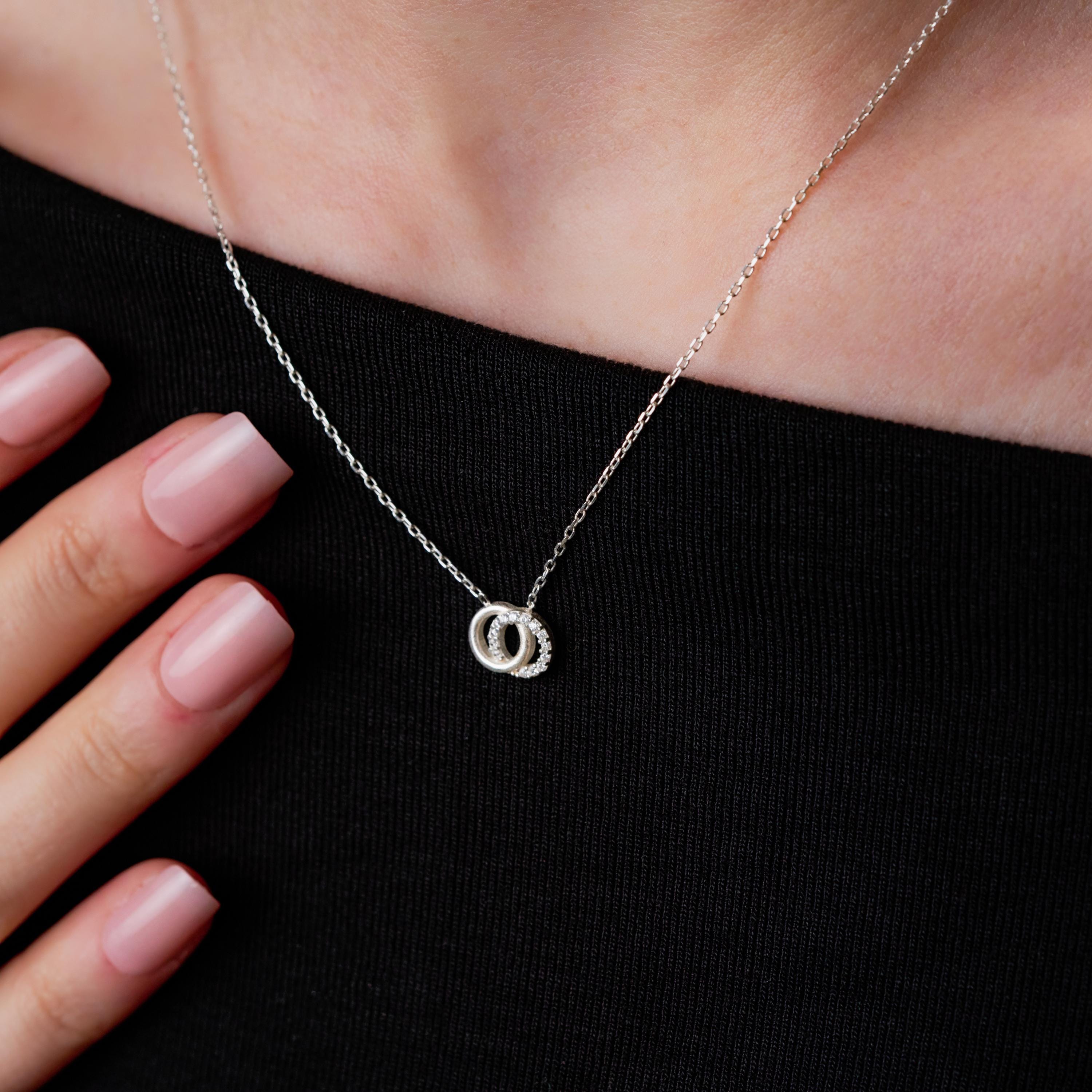 Dainty Double Circle Necklace , Silver Interlocking Design With Dazzling Zirconia , Minimalist Circle Necklace , Handmade Gift For Women