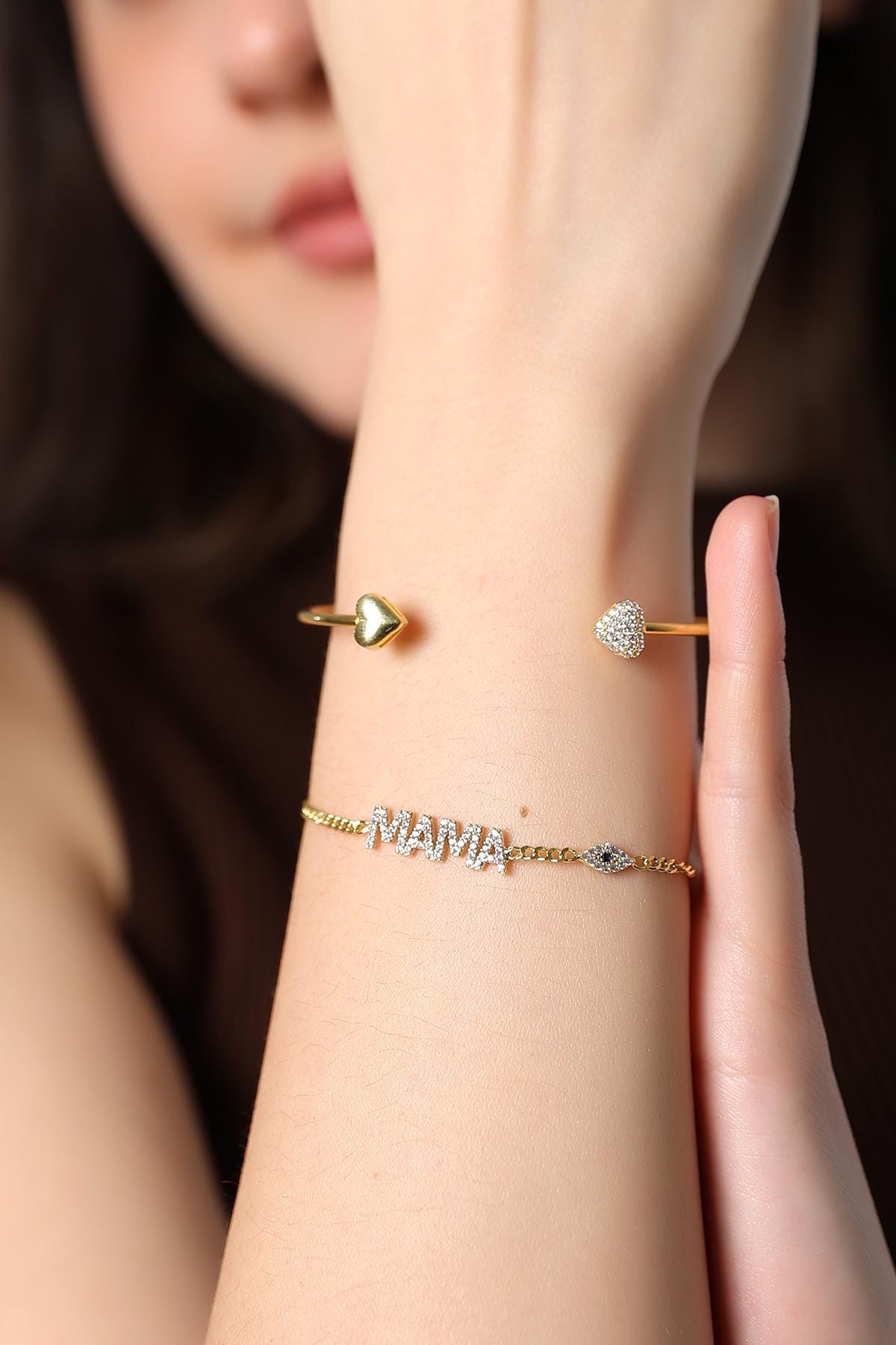 Romantic Gold Heart Bracelet , Pavé Heart Cuff , Dainty Heart Bracelet , Elegant Gold Bracelet , Handmade ,