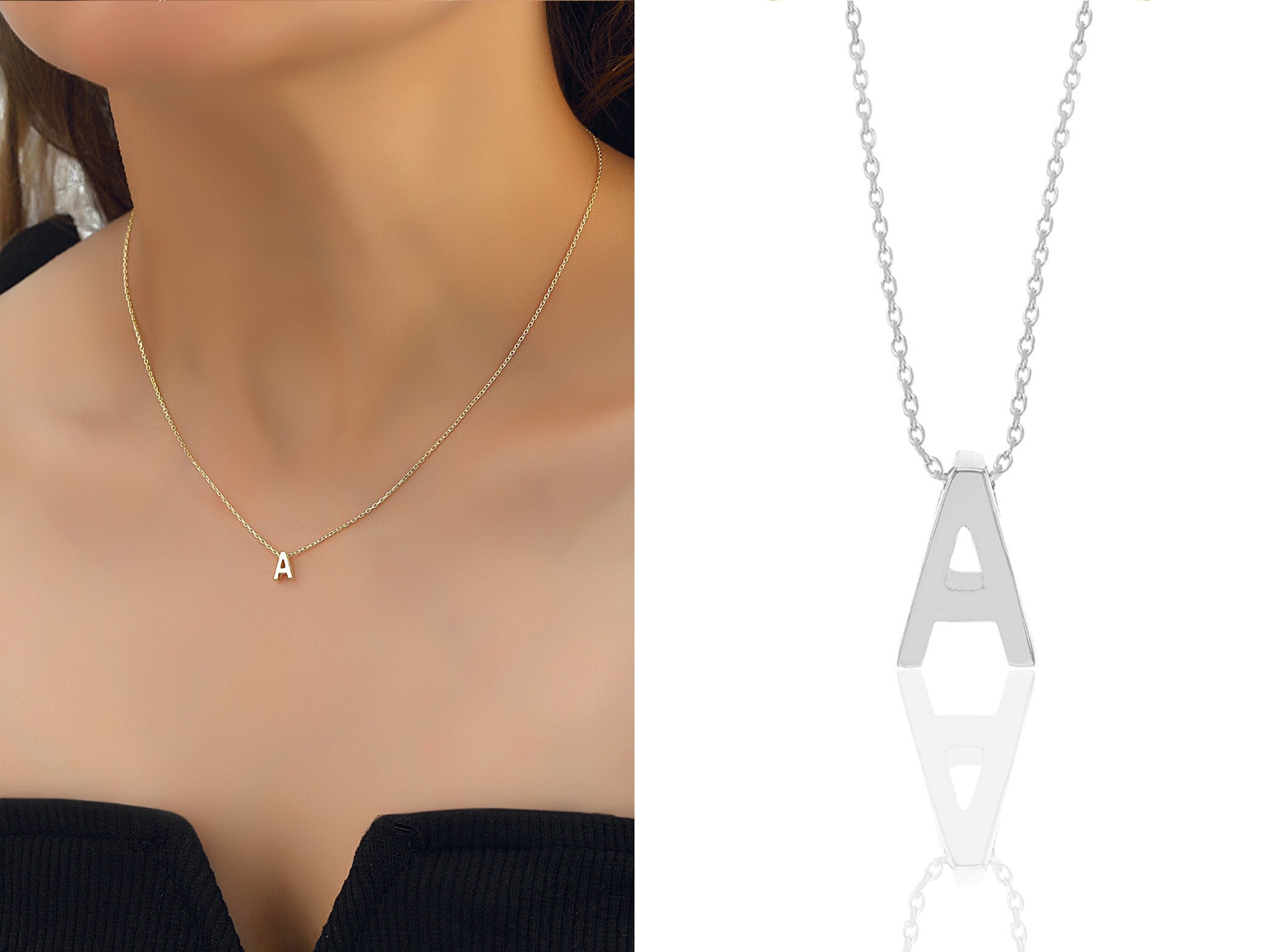 Personalized Initial Necklace, Tiny Gold Color Sterling Silver Initial Necklace, Personalized Handmade Necklace, Silver Initial Necklace