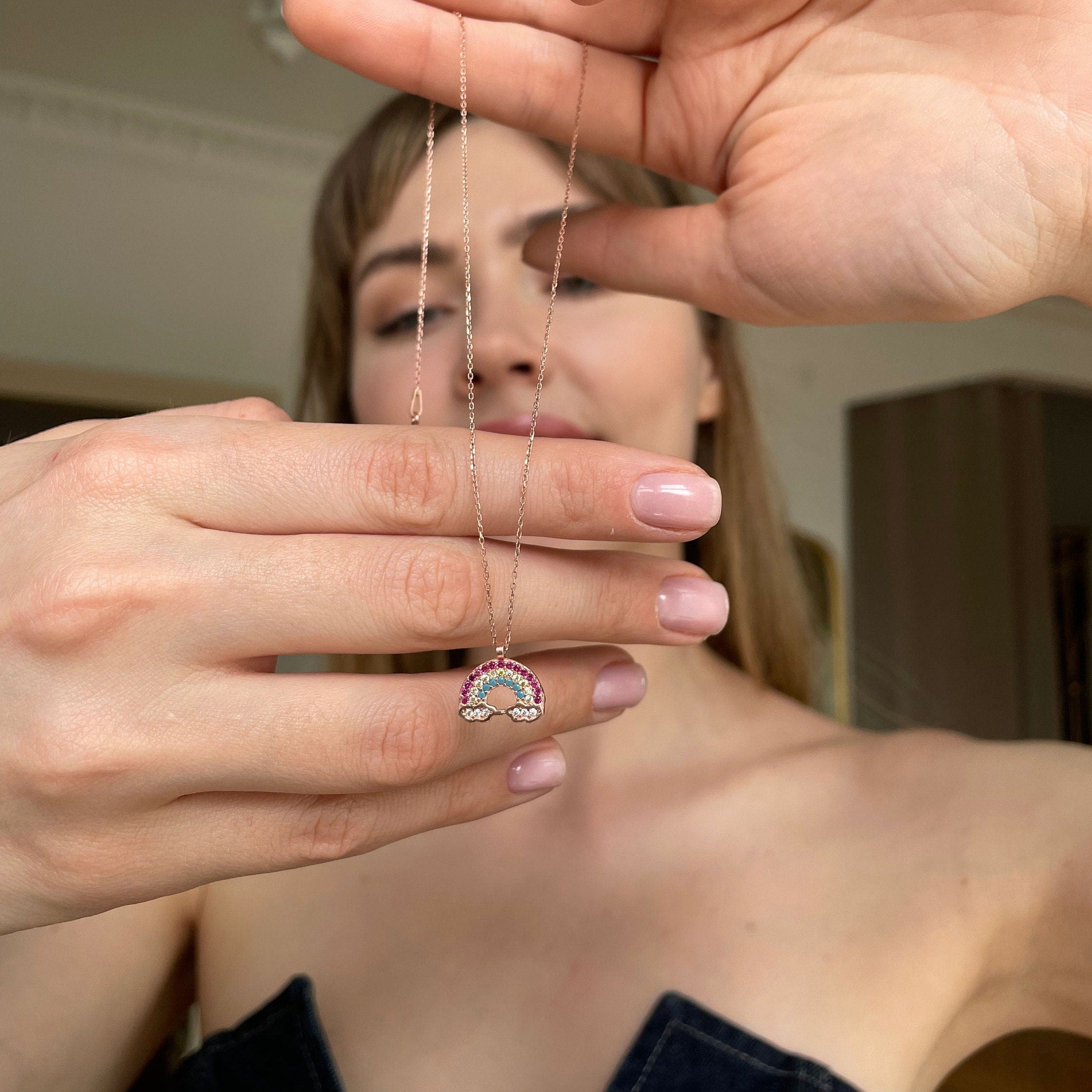 Rainbow Pendant Sterling Silver Necklace, Everyday Silver Necklace, Sterling Silver Jewelry, Summer Jewelry, Colorful Rainbow Cloud Necklace